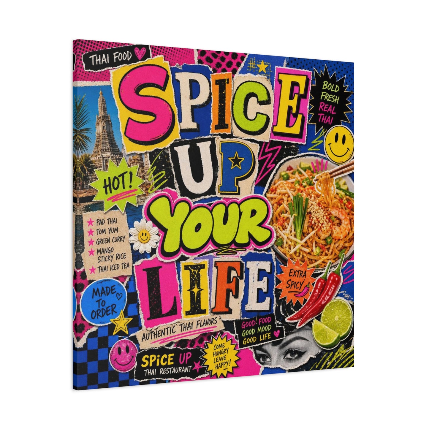 "Spice Up Your Life" Canvas Wall Art - Thai Food Pop Art Collage, Typography Print, Neon Color Street Poster Style, Cafe Decor, Dining Room Accent, Kitchen Wall Hanging, Contemporary - Ready to Hang