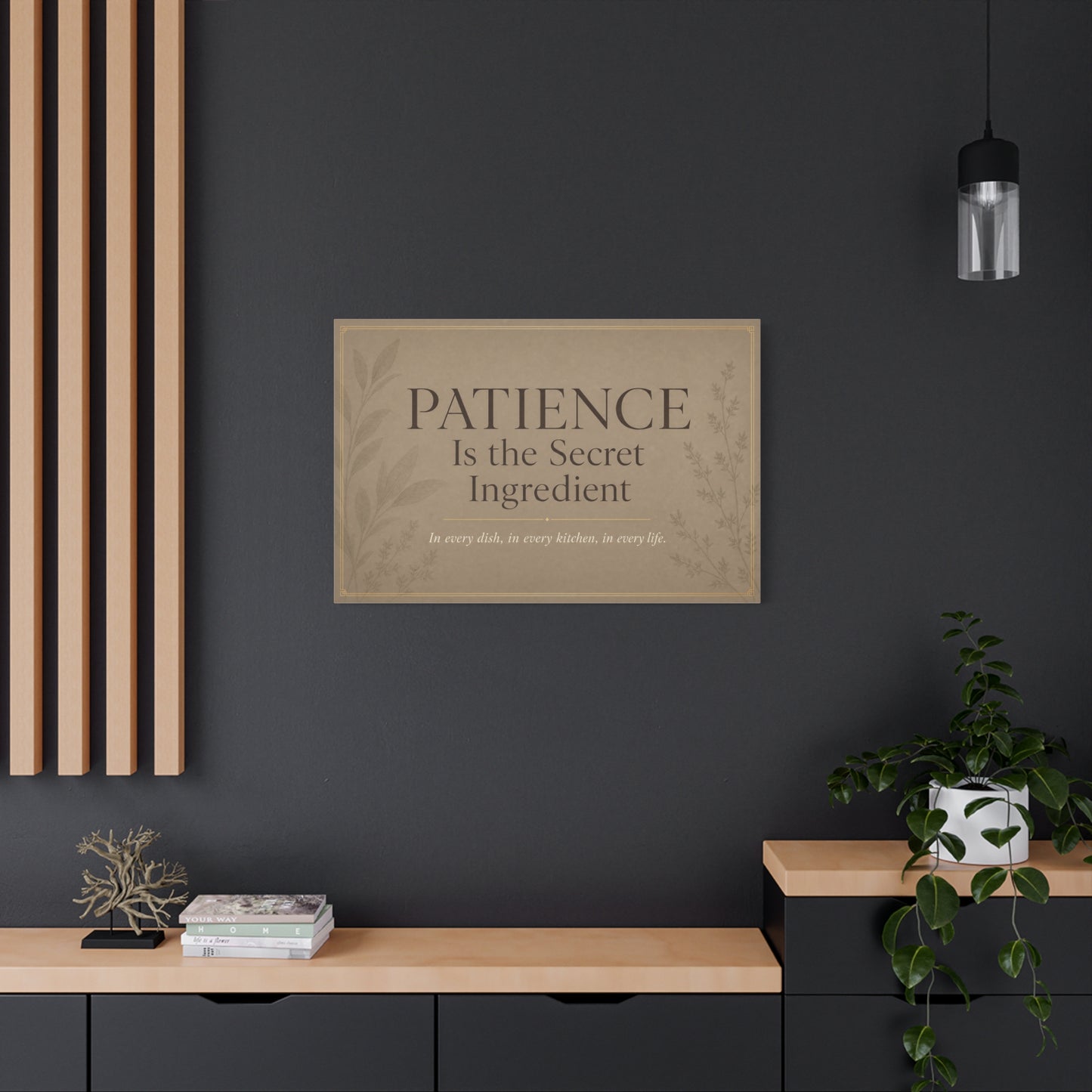"Patience Is The Secret Ingredient" Kitchen Canvas Wall Art - Neutral Typography Print, Farmhouse Style - Beige Botanical Quote Decor - Dining Room, Kitchen Wall Hanging - Bedroom Home Decoration