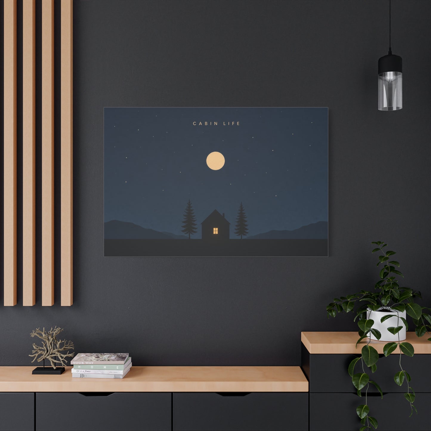 "Cabin Life" Moonlit Forest Canvas Wall Art - Minimalist Night Landscape Print - Rustic Lodge Decor, Bedroom Wall Accent, Living Room Decoration, Mountain Retreat Style - Bedroom Home Decoration