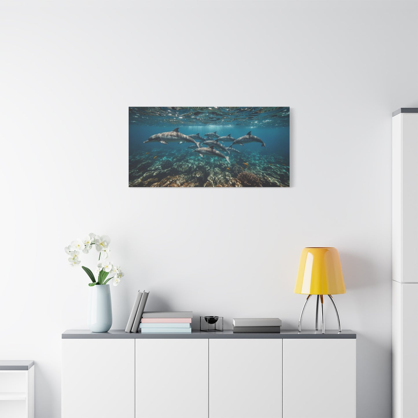 Dolphin School Canvas Wall Art - Underwater Ocean Art Print, Blue Coastal Decor - Matte Canvas Print, Contemporary Seascape Style - Living Room Wall Decor, Bedroom Home Decoration - Ready to Hang