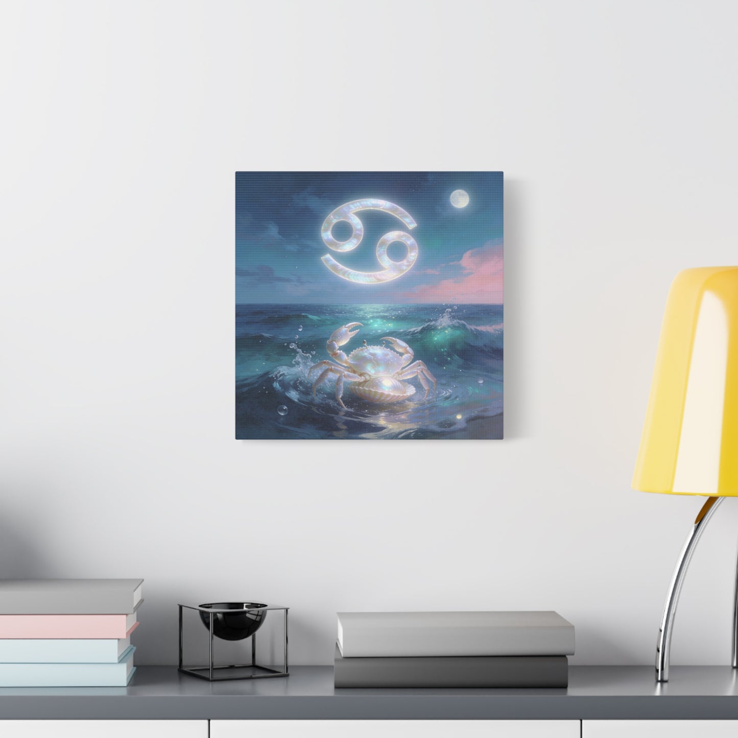 Cancer Zodiac Canvas Wall Art - Moonlit Ocean Crab, Iridescent Shell Symbol - Coastal Celestial Print, Dreamy Blue Seascape - Bedroom Home Decoration, Living Room Wall Decor - Bedroom Home Decoration