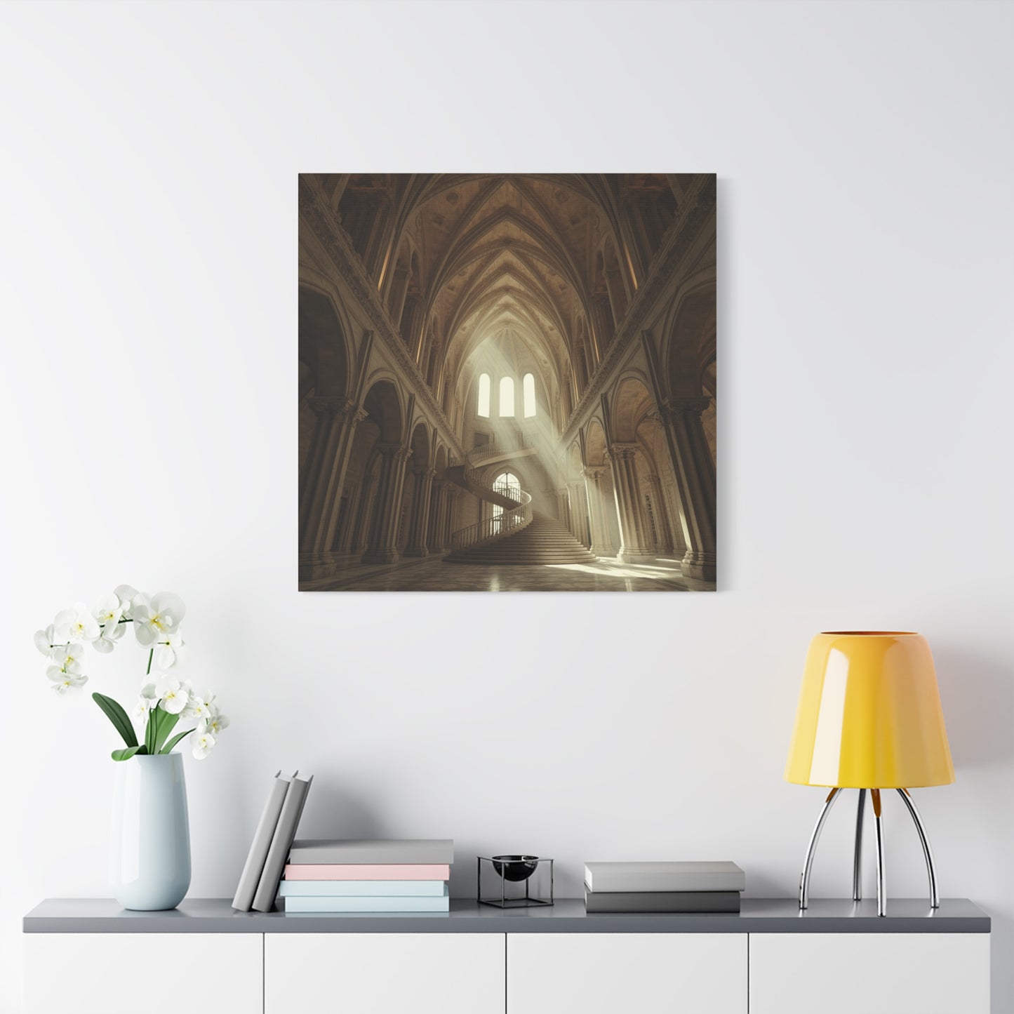 Gothic Cathedral Interior Canvas Wall Art - Sunlit Spiral Staircase, Religious Architecture Print - Matte Cotton Canvas - Traditional Style - Living Room Wall Decor, Office Art - Ready to Hang
