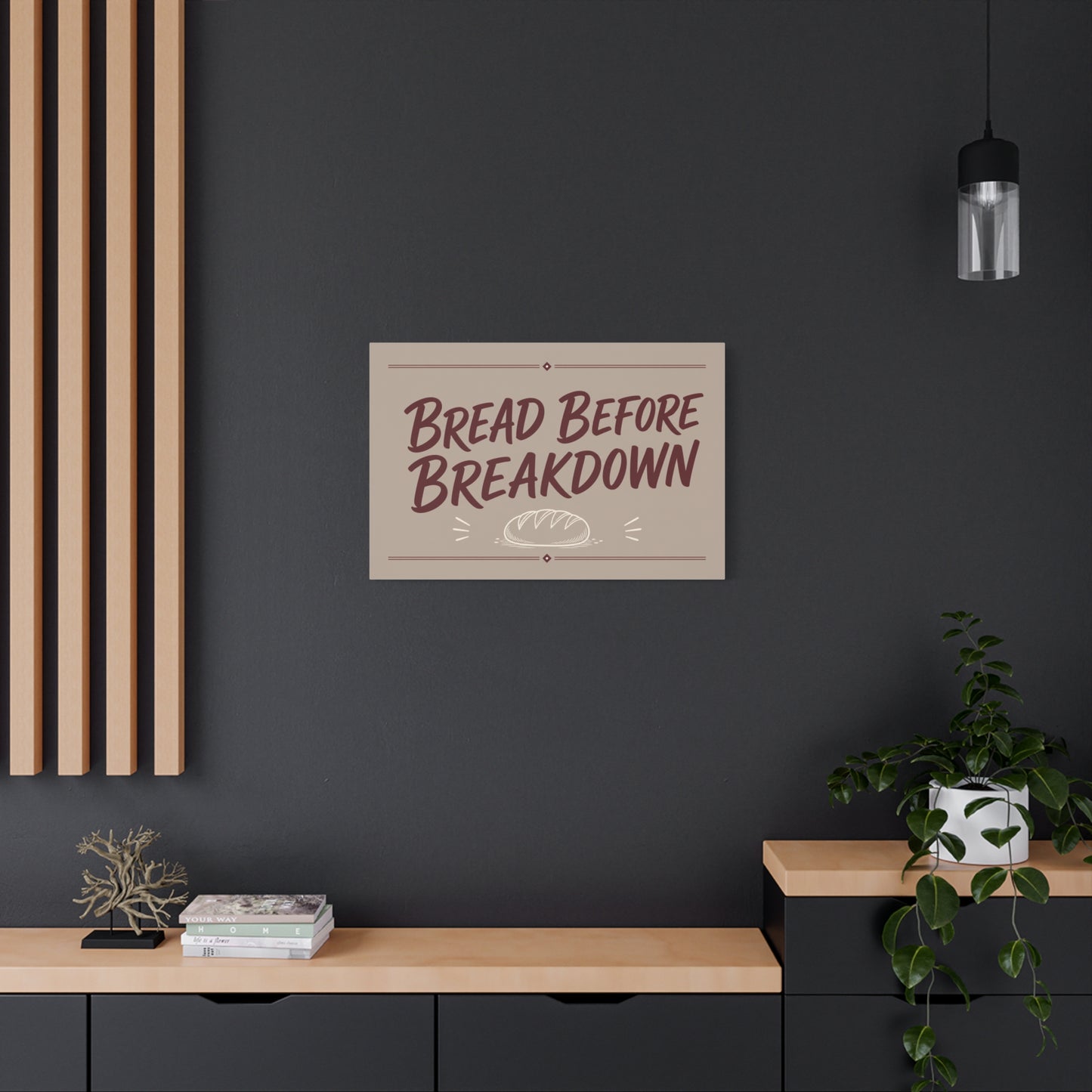 "Bread Before Breakdown" Funny Canvas Wall Art - Bread Loaf Typography Print, Rustic Farmhouse Food Decor - Beige Brown Minimalist Wall Hanging - Ready to Hang - Sandwich Shop Sign - Diner Decor