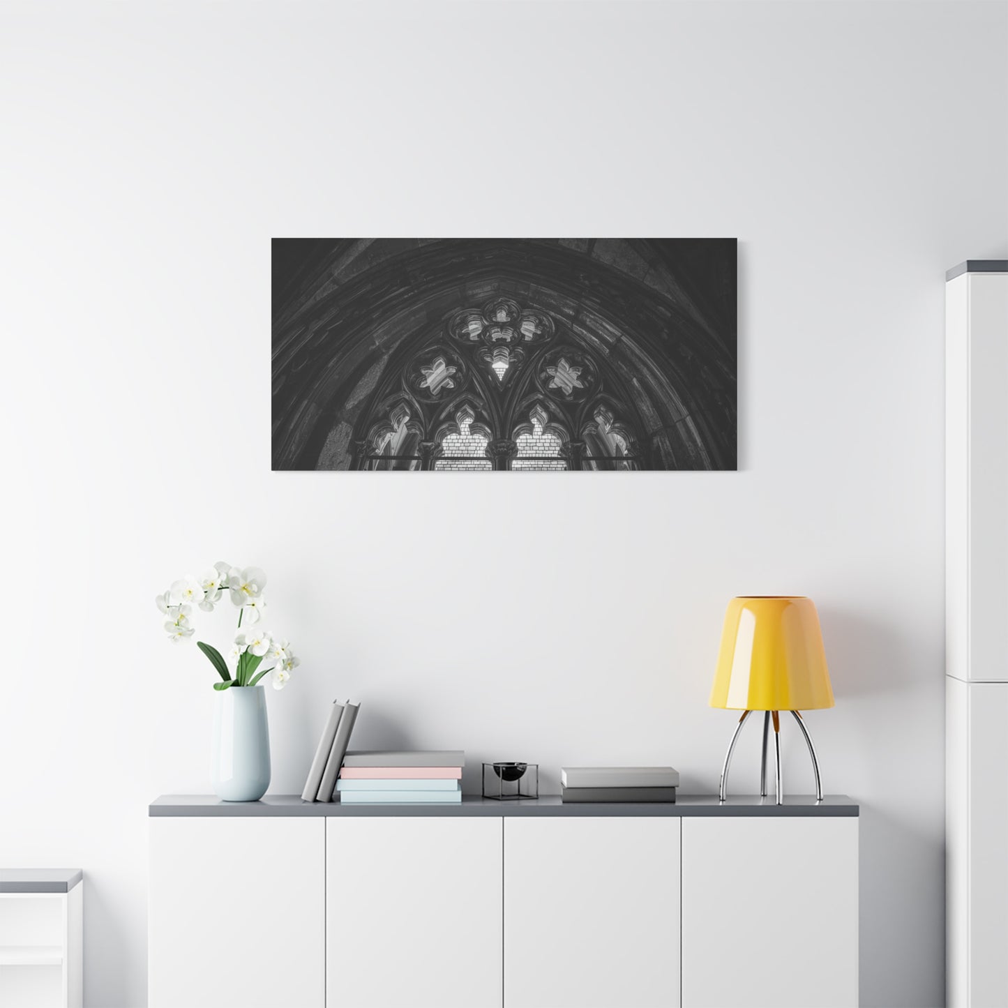Gothic Cathedral Arch Canvas Wall Art - Black And White Architectural Art Print - Moody Stone Tracery, Matte Finish - Living Room Wall Decor, Office Art Accent - Bedroom Home Decoration