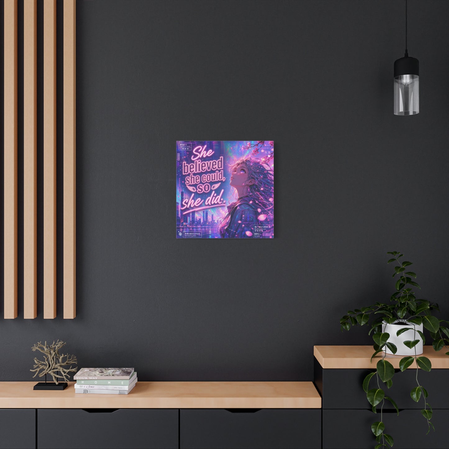 "She Believed She Could, So She Did" Anime Girl Canvas Wall Art - Neon Sakura Cityscape, Inspirational Typography Print - Contemporary Bedroom Wall Decor, Teenager Room Decor - Bedroom Home Decoration
