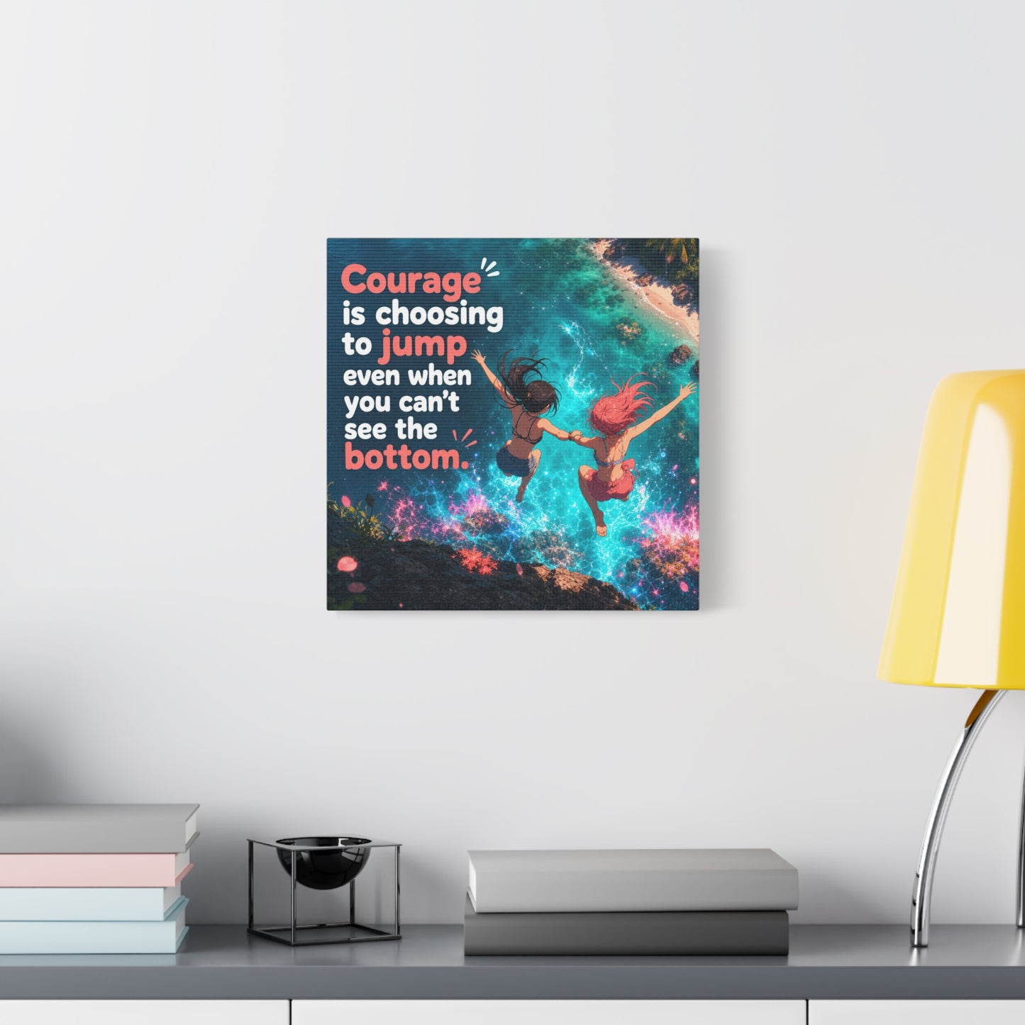"Courage Is Choosing To Jump Even When You Can't See The Bottom" Canvas Wall Art - Coastal Quote Illustration, Inspirational Ocean Cliff Scene, Bedroom Wall Decor, Teen Space Accent - Ready to Hang