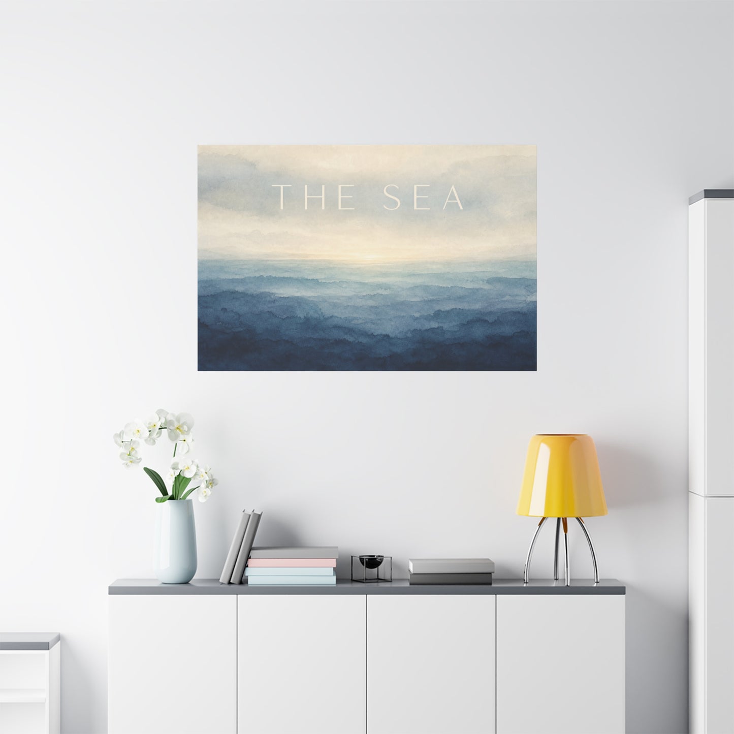"The Sea" Coastal Canvas Wall Art - Blue Ocean Horizon Watercolor Typography Print - Serene Minimalist Seascape Decor - Bedroom Wall Hanging, Living Room Home Decoration, Meditation Space