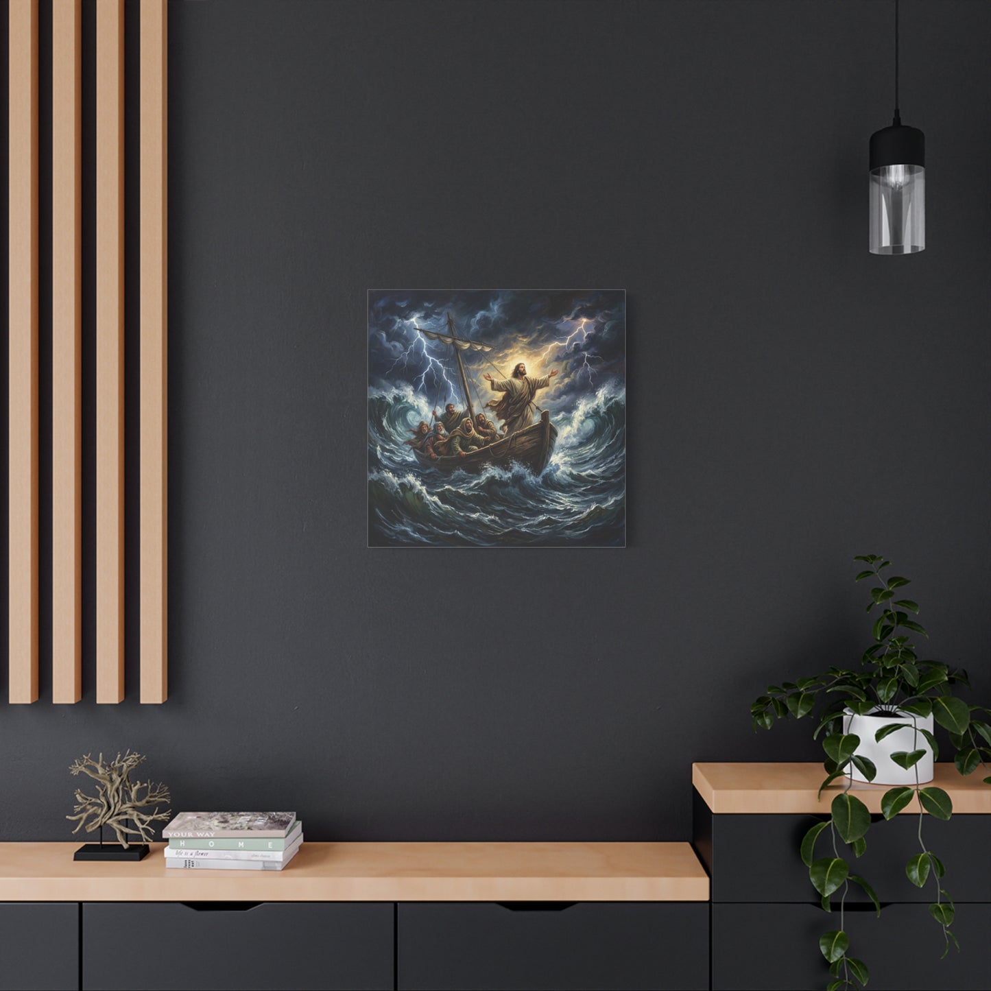 Jesus Calming The Storm Canvas Wall Art - Bible Boat Sea Scene, Dramatic Lightning Waves - Cotton Matte Print - Traditional Religious Decor For Living Room Office Bedroom - Living Room Wall Decor