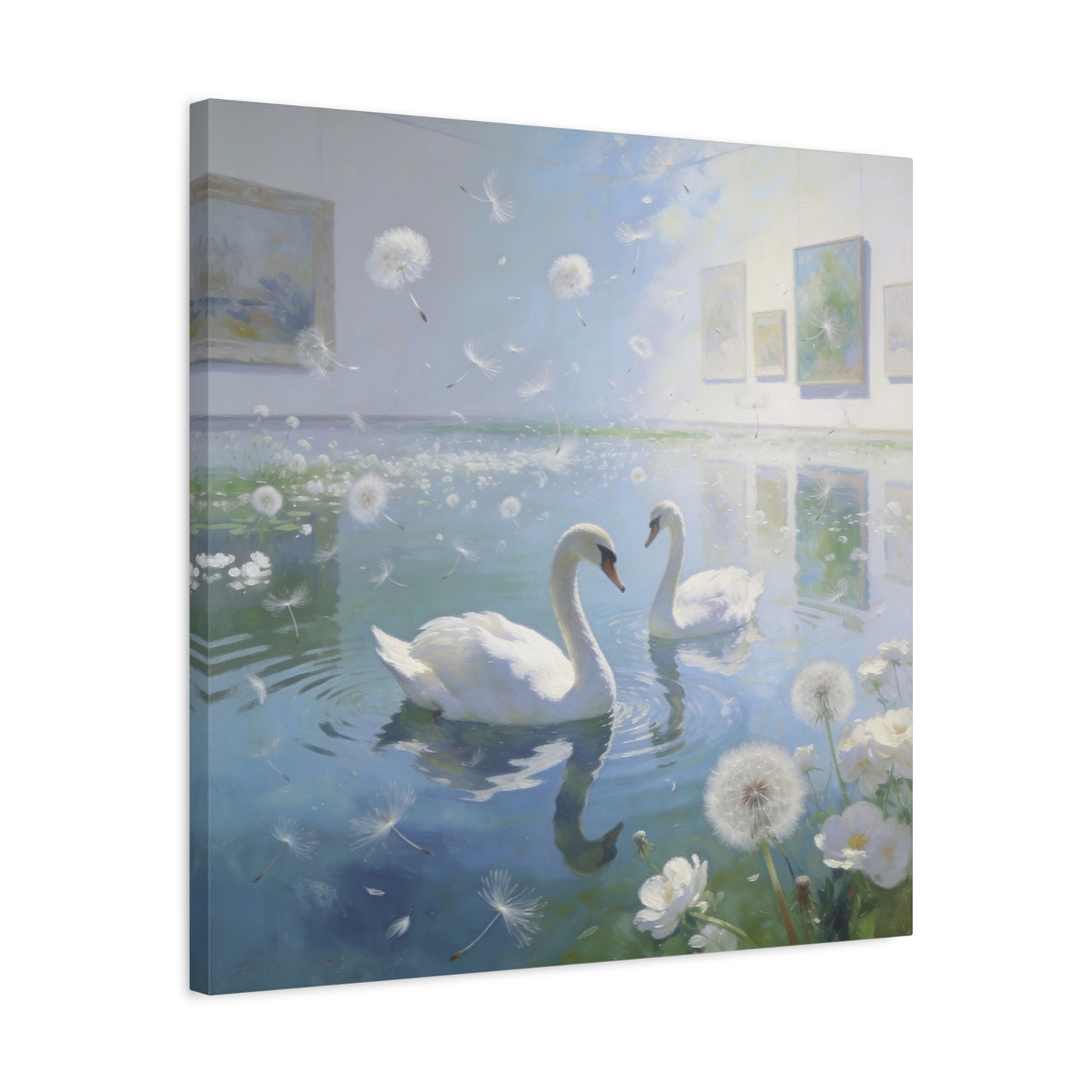 White Swan Canvas Wall Art - Serene Pond With Dandelion Seeds, Soft Blue Water Reflection - Dreamy Traditional Style - Living Room Wall Decor, Bedroom Home Decoration, Office Art - Ready to Hang