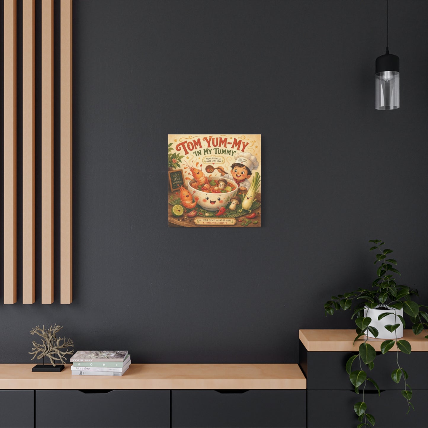"Tom Yum-My In My Tummy" Canvas Wall Art - Cute Thai Soup Chef Illustration, Whimsical Kitchen Decor - Matte Cotton Canvas Print - Vintage Style Dining Room Wall Decor - Bedroom Home Decoration