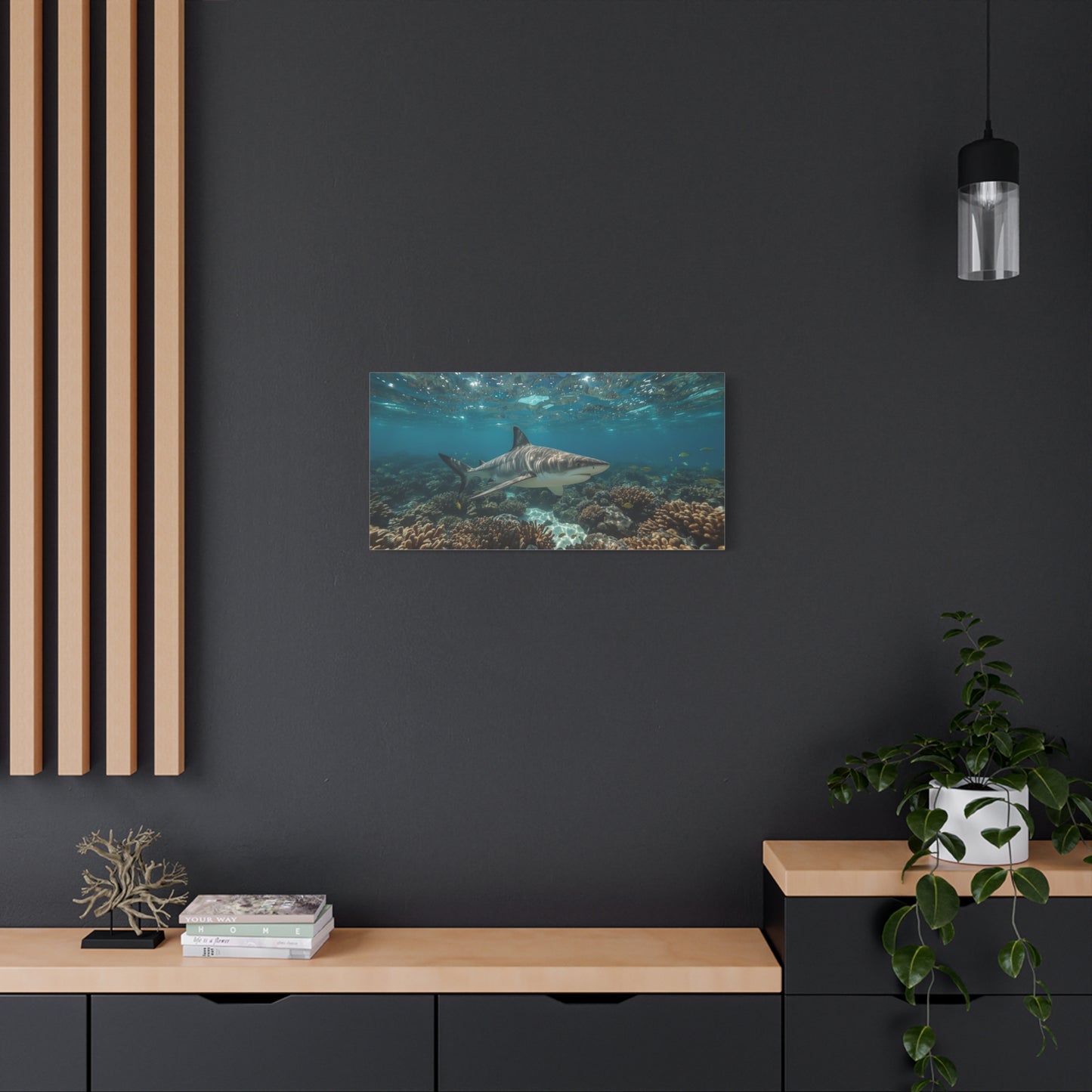 Tiger Shark Canvas Wall Art - Underwater Coral Reef Ocean Art Print, Blue Coastal Wall Decor - Matte Canvas Seascape - Living Room Home Decoration, Office Art - Bedroom Home Decoration