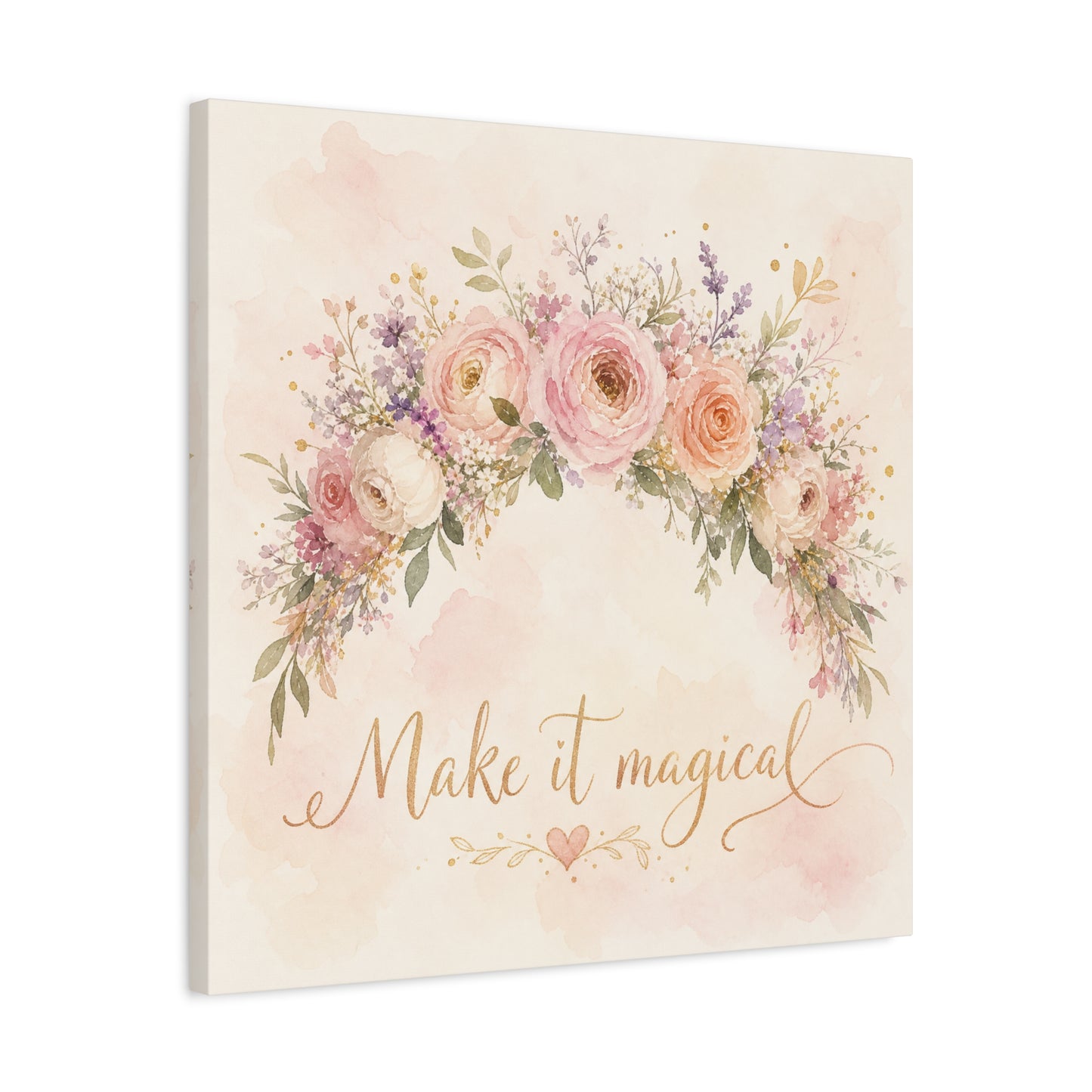 "Make It Magical" Floral Canvas Wall Art - Blush Rose Watercolor Quote Print, Pink Botanical Home Decor, Girls Bedroom Wall Decoration, Nursery Accent, Bohemian Living Room Style - Ready to Hang
