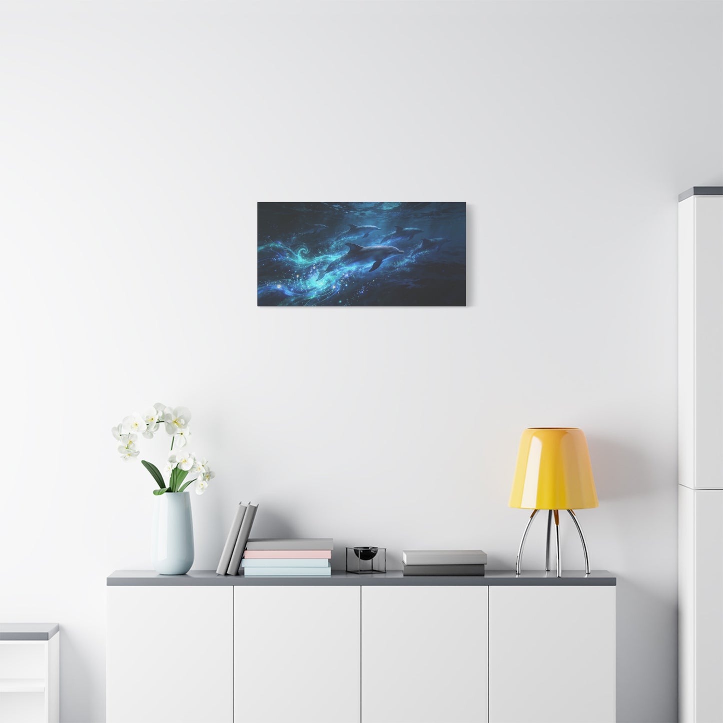 Dolphin Pod Canvas Wall Art - Glowing Underwater Ocean Scene, Blue Fantasy Marine Print - Matte Cotton Artwork - Coastal Style Living Room Wall Decor, Bedroom Home Decoration - Bedroom Home Decoration