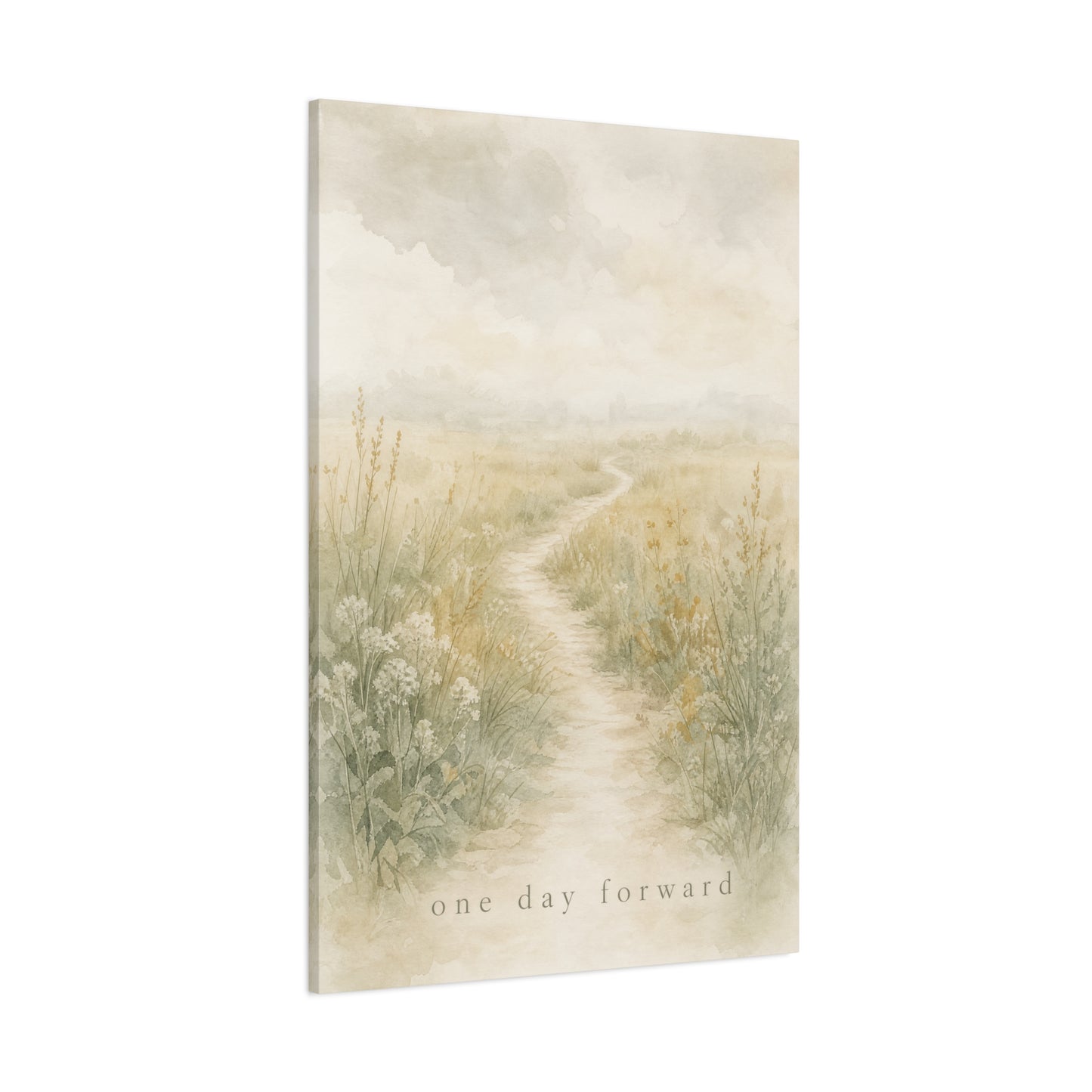 "One Day Forward" Inspirational Canvas Wall Art - Soft Meadow Path Watercolor Print, Neutral Sage Beige Botanical Landscape, Bedroom Wall Decor, Meditation Space Home Decoration - Ready to Hang