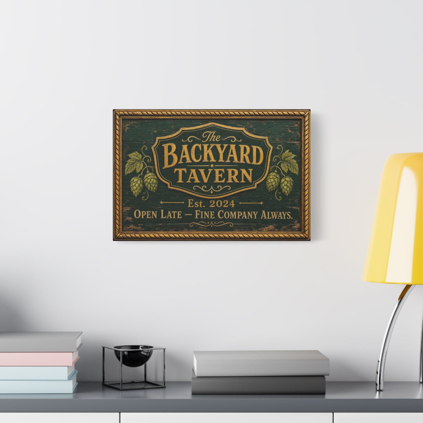 "The Backyard Tavern" Canvas Wall Art - Vintage Pub Sign, Rustic Typography Decor - Green And Gold Tavern Style Print, Bar Room Wall Decor - Ready to Hang - Ready to Hang - Speakeasy Style Sign
