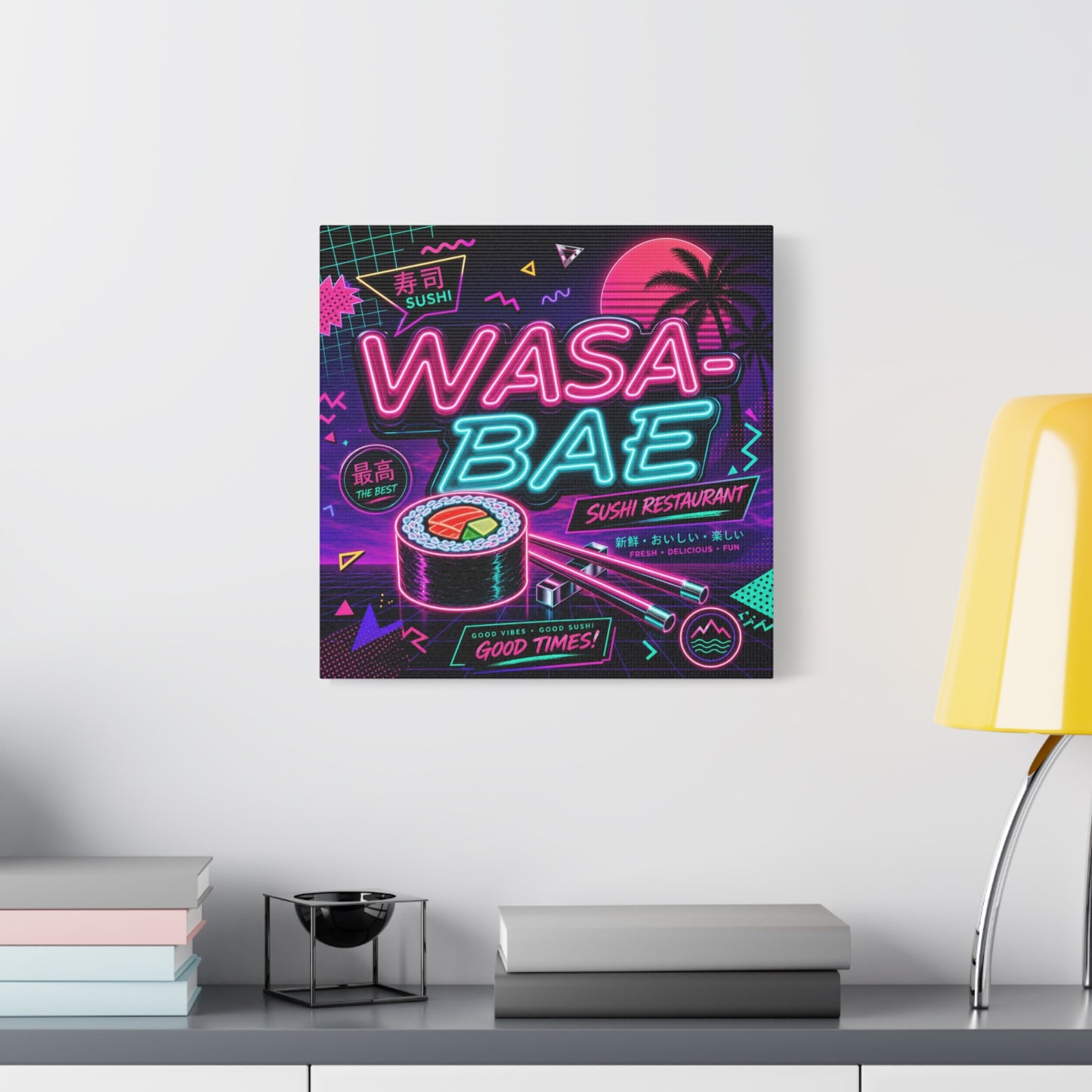 "WASA-BAE" Sushi Canvas Print - Neon Japanese Restaurant Sign, Retro Vaporwave Illustration - Matte Cotton Decor, Cafe Wall Accent, Dining Space Artwork, Lounge Interior Style - Office Wall Art