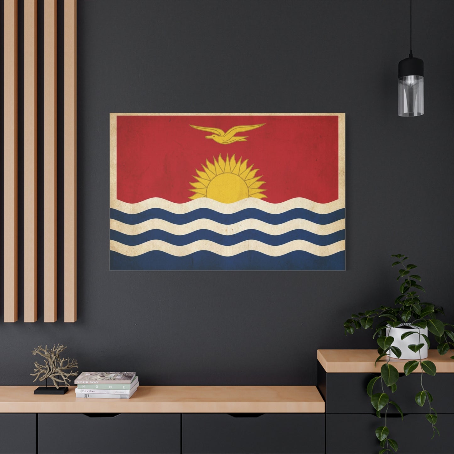 Kiribati Flag Canvas Wall Art - Vintage Island Nation Sun Bird Waves Print - Patriotic Red Gold Blue Coastal Style - Living Room Wall Decor, Office Art, Dorm Decoration - Bedroom Home Decoration