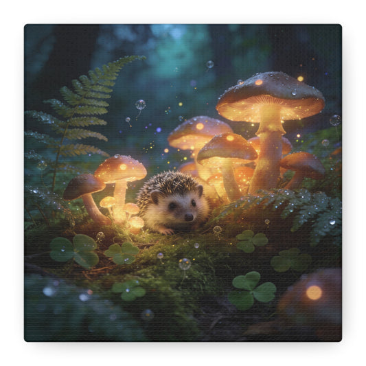 Hedgehog Mushroom Canvas Wall Art - Glowing Forest Fantasy Animal Print - Matte Cotton Art Print, Whimsical Woodland Style - Bedroom Wall Decor, Nursery Home Decoration Accent - Modern Farmhouse Style