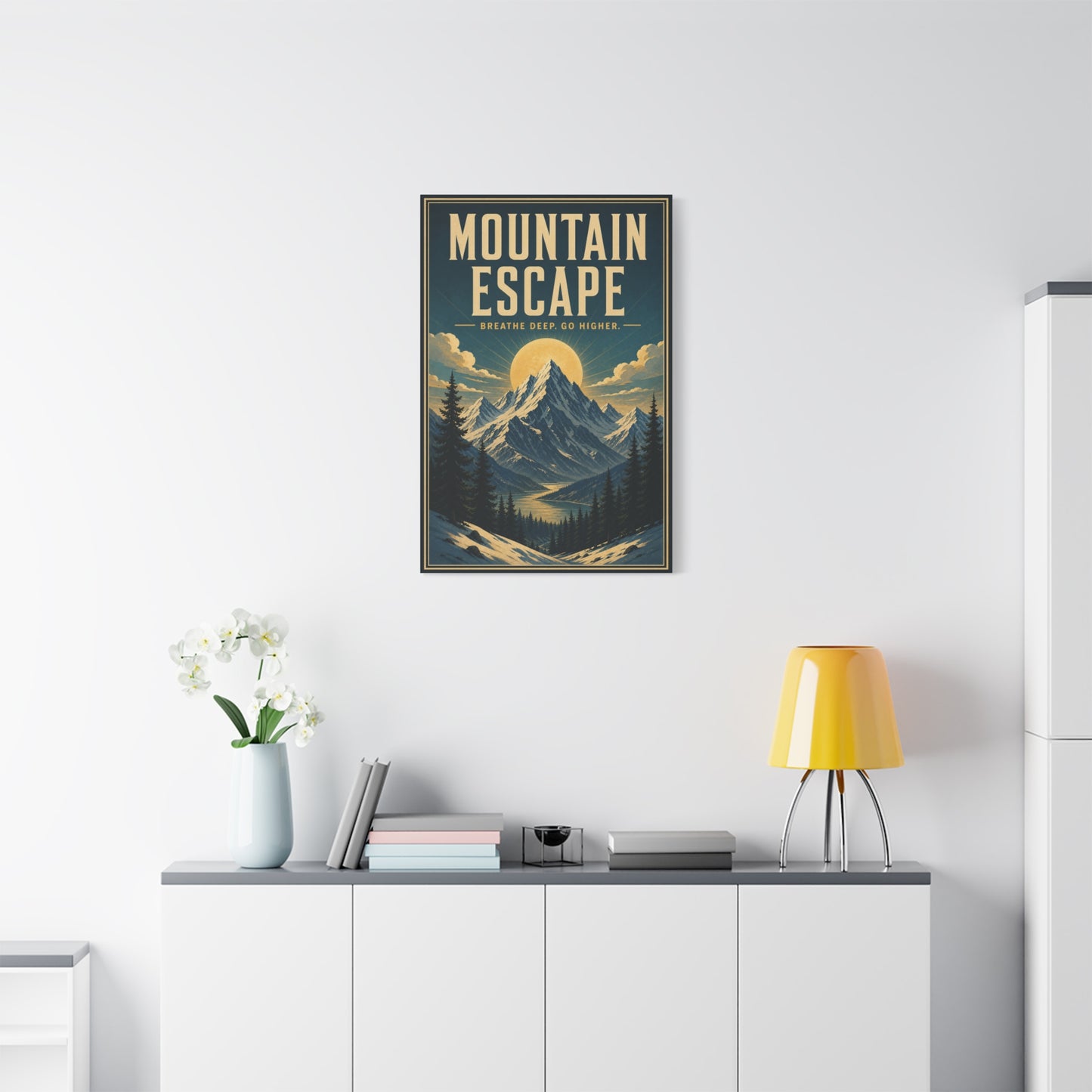 "Mountain Escape Breathe Deep. Go Higher." Canvas Wall Art - Vintage Mountain Landscape Poster Print, Sunlit Alpine Peaks, Rustic Lodge Style, Living Room Wall Decor, Office Art - Ready to Hang