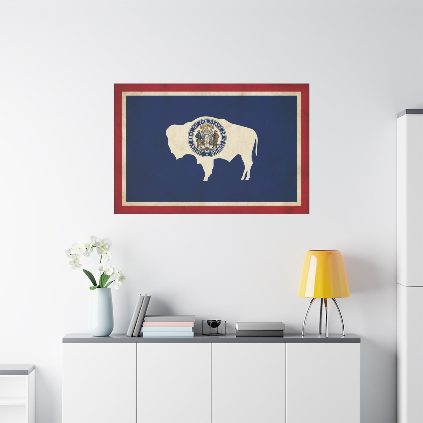 Wyoming State Flag Canvas Wall Art - Great Seal Of The State Of Wyoming Buffalo Print - Vintage Patriotic Western Decor - Rustic Americana Style - Living Room Wall Decor - Bedroom Home Decoration