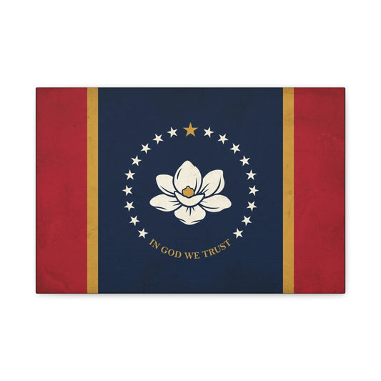 "In God We Trust" Mississippi State Flag Canvas Wall Art - Magnolia Emblem, Vintage Patriotic Decor - Rustic Americana Style - Living Room Wall Decor - Ready to Hang - Bedroom Home Decoration