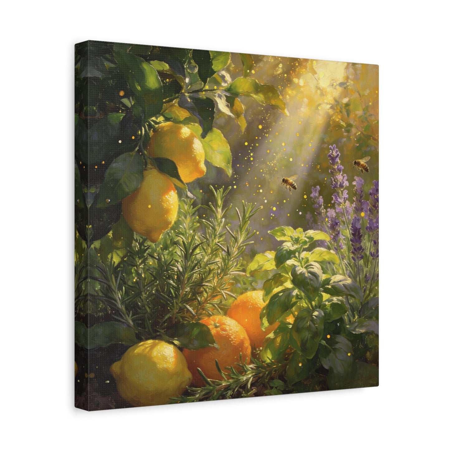 Lemon Herb Garden Canvas Wall Art - Bees, Lavender, Rosemary, Sunlit Botanical Painting - Matte Cotton Print, Rustic Farmhouse Style - Kitchen Wall Decor, Dining Room Accent - Bedroom Home Decoration