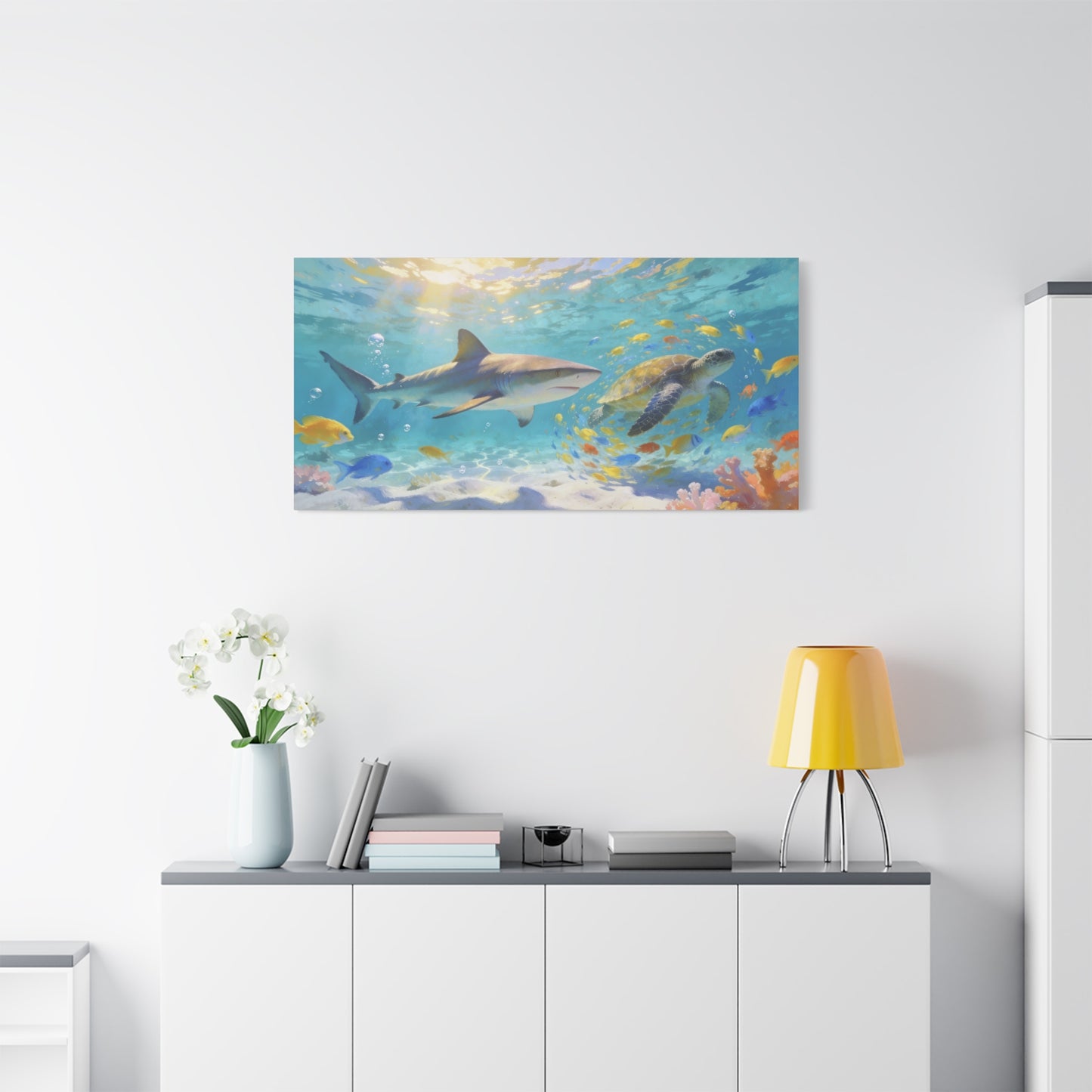 Shark Sea Turtle Canvas Wall Art - Tropical Underwater Ocean Scene, Colorful Fish Coral Reef - Matte Coastal Style - Living Room Wall Decor, Bedroom Home Decoration - Bedroom Home Decoration