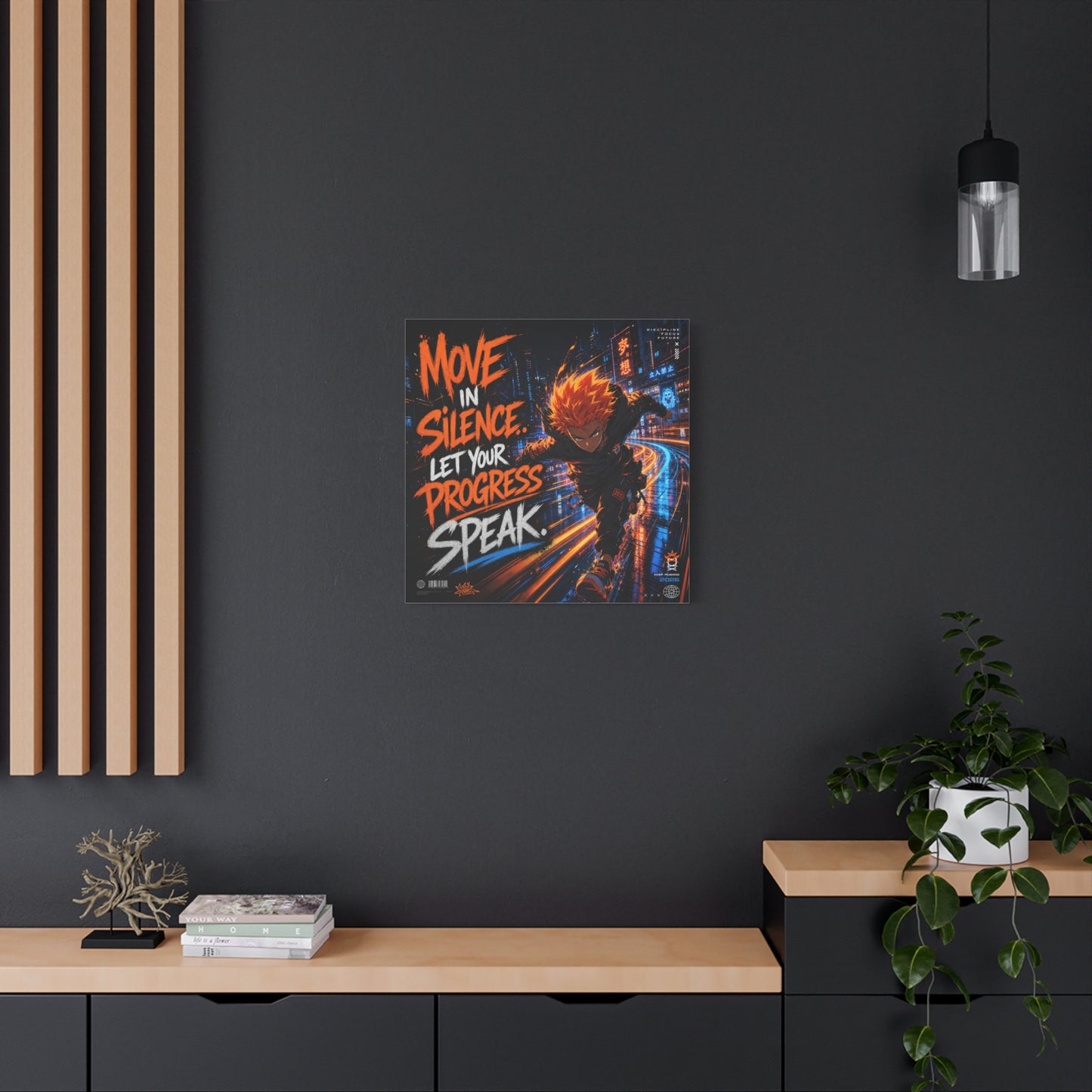 "Move In Silence Let Your Progress Speak" Anime Canvas Wall Art - Cyberpunk Runner Motivational Quote Print, Neon City Street Illustration - Teen Bedroom Decor, Home Office Accent - Office Wall Art
