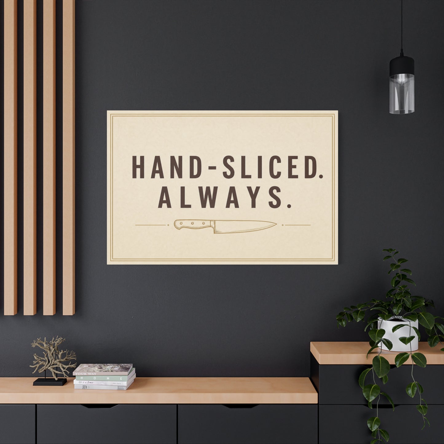 "Hand-Sliced. Always." Kitchen Canvas Wall Art - Vintage Knife Typography Print - Rustic Farmhouse Wall Decor, Dining Room Home Decoration, Funny Kitchen Sign - Bedroom Home Decoration - Ready to Hang