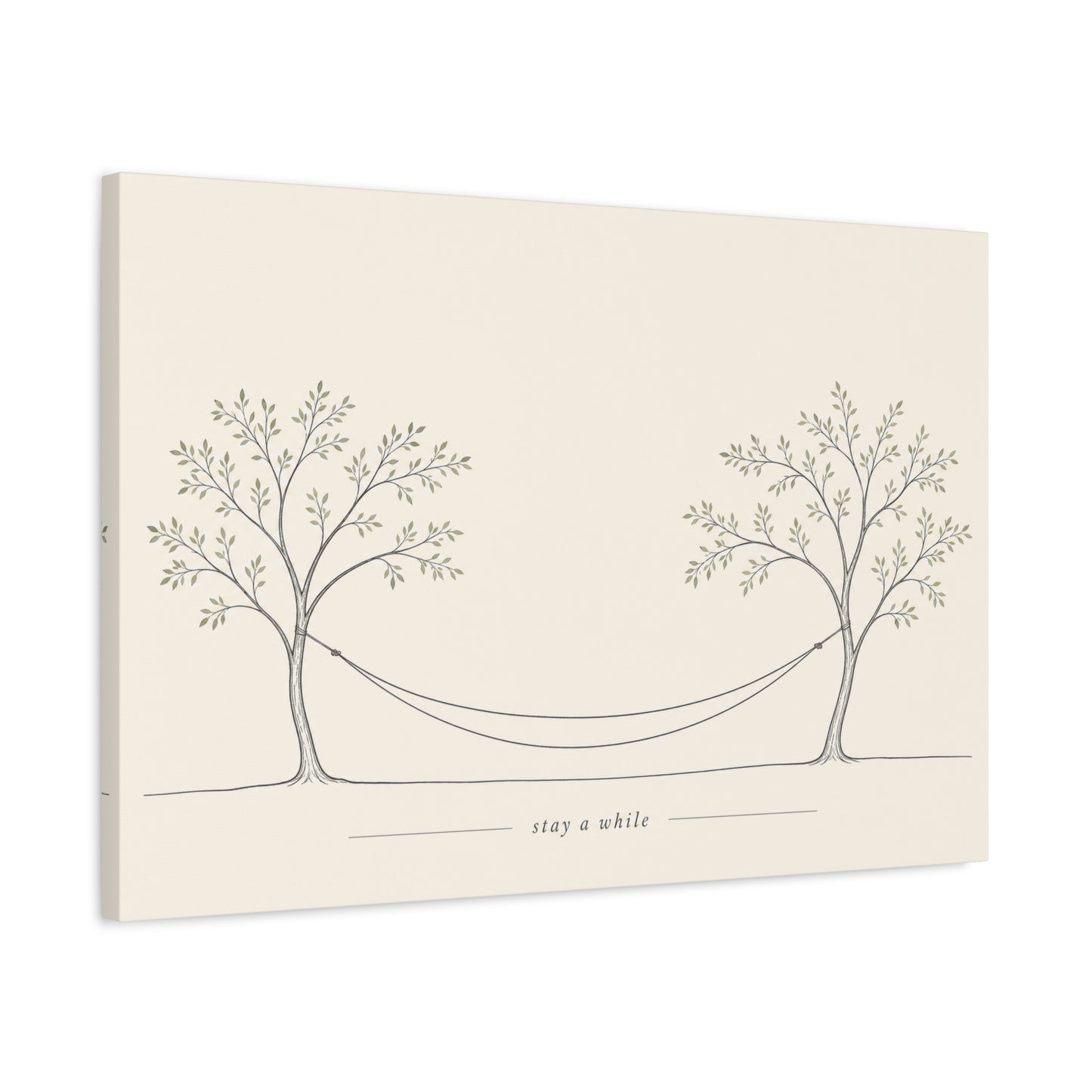"Stay A While" Hammock Between Trees Canvas Wall Art - Minimalist Botanical Line Drawing, Neutral Beige Cotton Canvas Print - Bedroom Wall Decor, Living Room Home Decoration - Bedroom Home Decoration