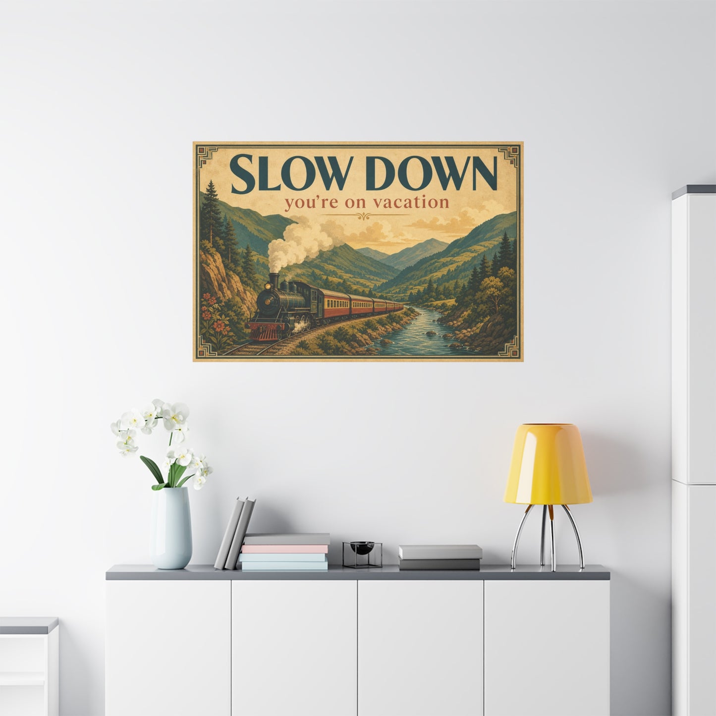"Slow Down You're On Vacation" Vintage Train Canvas Wall Art - Mountain River Travel Poster Style, Retro Landscape Home Decor - Rustic Cabin Living Room Decoration, Vacation Rental Accent