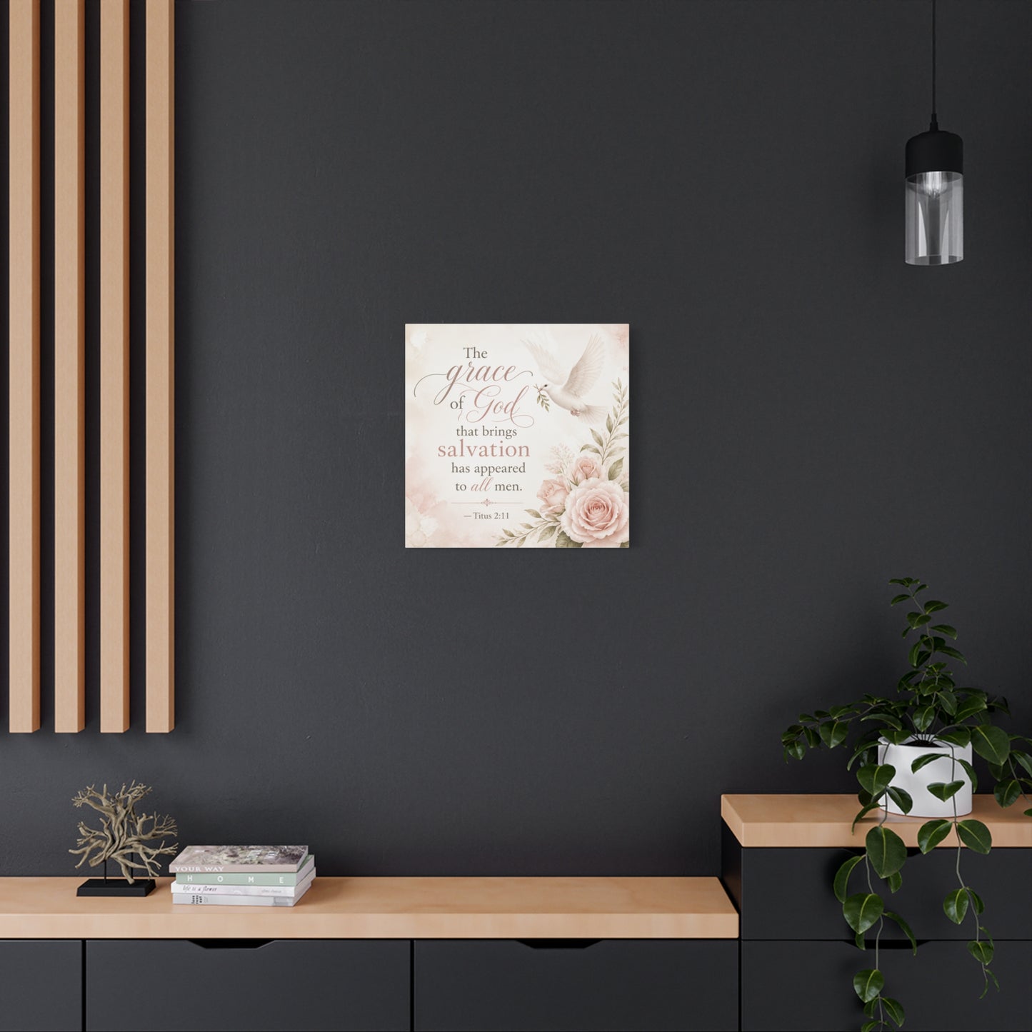 "The Grace Of God That Brings Salvation Has Appeared To All Men" Canvas Wall Art - Dove, Roses, Titus 2:11 Scripture Print - Blush Floral Christian Decor - Bedroom Living Room Accent - Office Wall Art