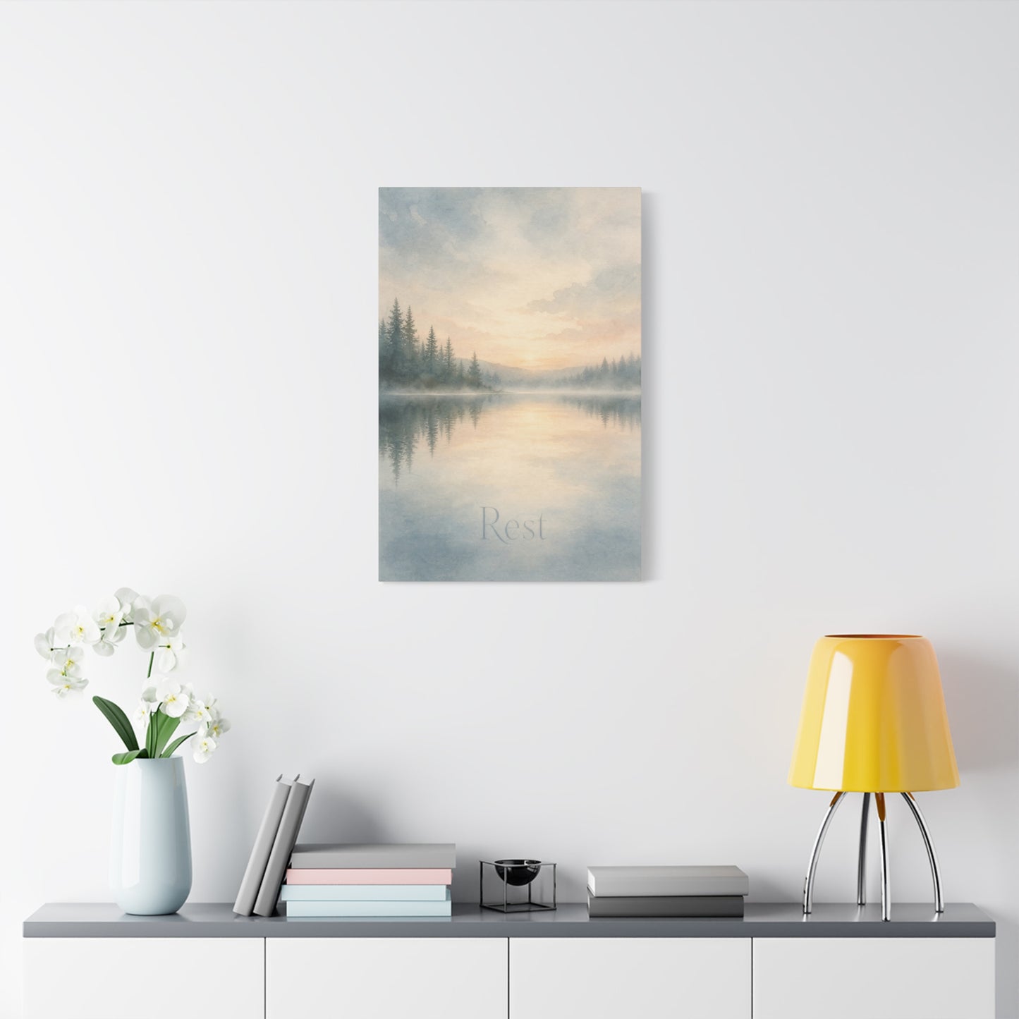 "Rest" Misty Lake Canvas Wall Art - Pine Forest Sunrise Reflection Print - Serene Landscape Home Decor, Bedroom Wall Hanging, Minimalist Nature Artwork, Meditation Space Accent - Ready to Hang