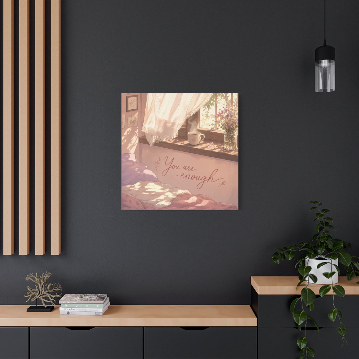 "You Are Enough" Inspirational Canvas Wall Art - Sunlit Bedroom Window Flowers, Cozy Pink Cottagecore Decor - Matte Affirmation Print - Bedroom Home Decoration, Teen Room Accent - Office Wall Art