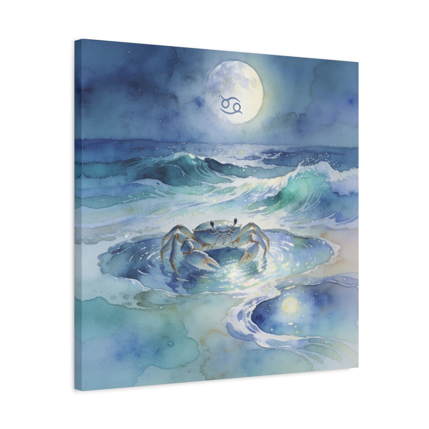 Cancer Zodiac Canvas Wall Art - Moonlit Ocean Crab Watercolor Print, Coastal Astrology Decor - Serene Blue Seascape - Bedroom Wall Decor, Meditation Space Accent, Bohemian Style - Ready to Hang