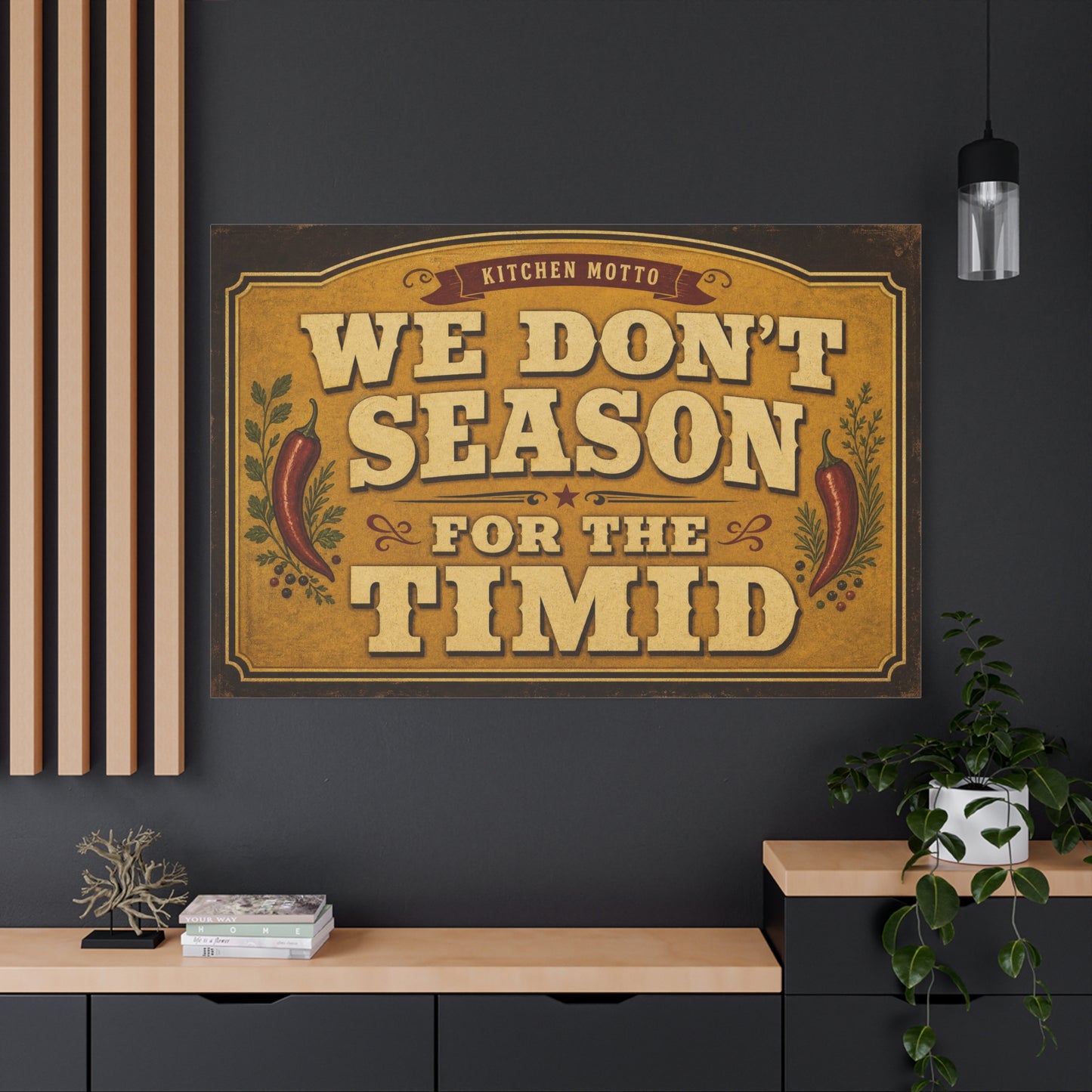 "Kitchen Motto We Don't Season For The Timid" Canvas Wall Art - Vintage Typography Chili Pepper Kitchen Decor - Rustic Farmhouse Home Decoration - Living Room Wall Decor - Bedroom Home Decoration
