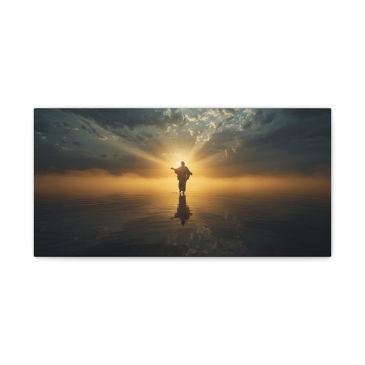 Jesus Christ Canvas Wall Art - Walking On Water At Sunrise, Dramatic Sky Reflection - Matte Cotton Print - Religious Home Decor For Living Room, Bedroom, Office Wall Accent - Bedroom Home Decoration