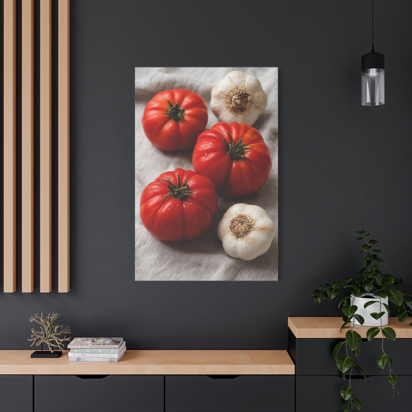 Heirloom Tomato Still Life Canvas Wall Art - Garlic Kitchen Food Art Print - Rustic Matte Canvas Decor - Farmhouse Dining Room Accent, Contemporary Culinary Wall Decor - Modern Farmhouse Style