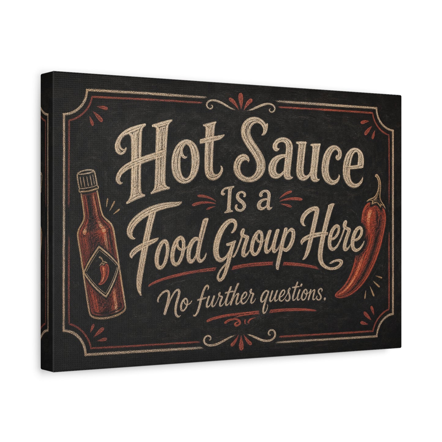 "Hot Sauce Is a Food Group Here No further questions." Canvas Wall Art - Chalkboard Kitchen Quote - Vintage Rustic Typography - Dining Room Wall Decor - Modern Farmhouse Style - Modern Farmhouse Style