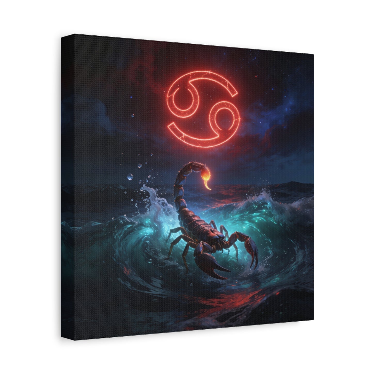 Cancer Zodiac Canvas Wall Art - Neon Crab Ocean Astrology Print, Celestial Night Seascape, Matte Canvas Decor, Bedroom Home Decoration, Living Room Wall Decor, Modern Space Style - Ready to Hang