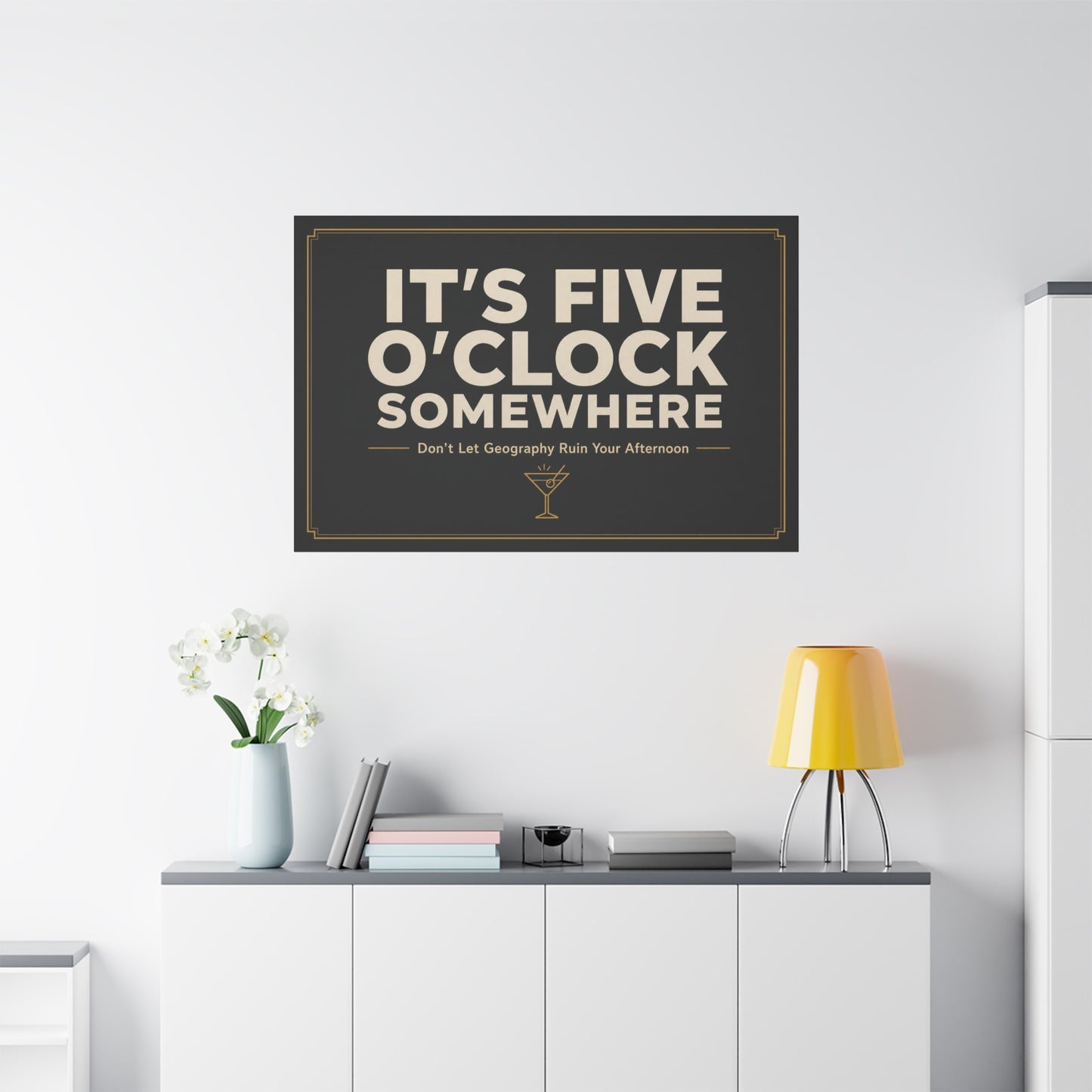 "It's Five O'Clock Somewhere" Typography Canvas Wall Art - Funny Cocktail Quote Decor, Black And Gold Minimalist Bar Cart Lounge Accent - Ready to Hang - Pub Wall Art - Cocktail Lounge Decor
