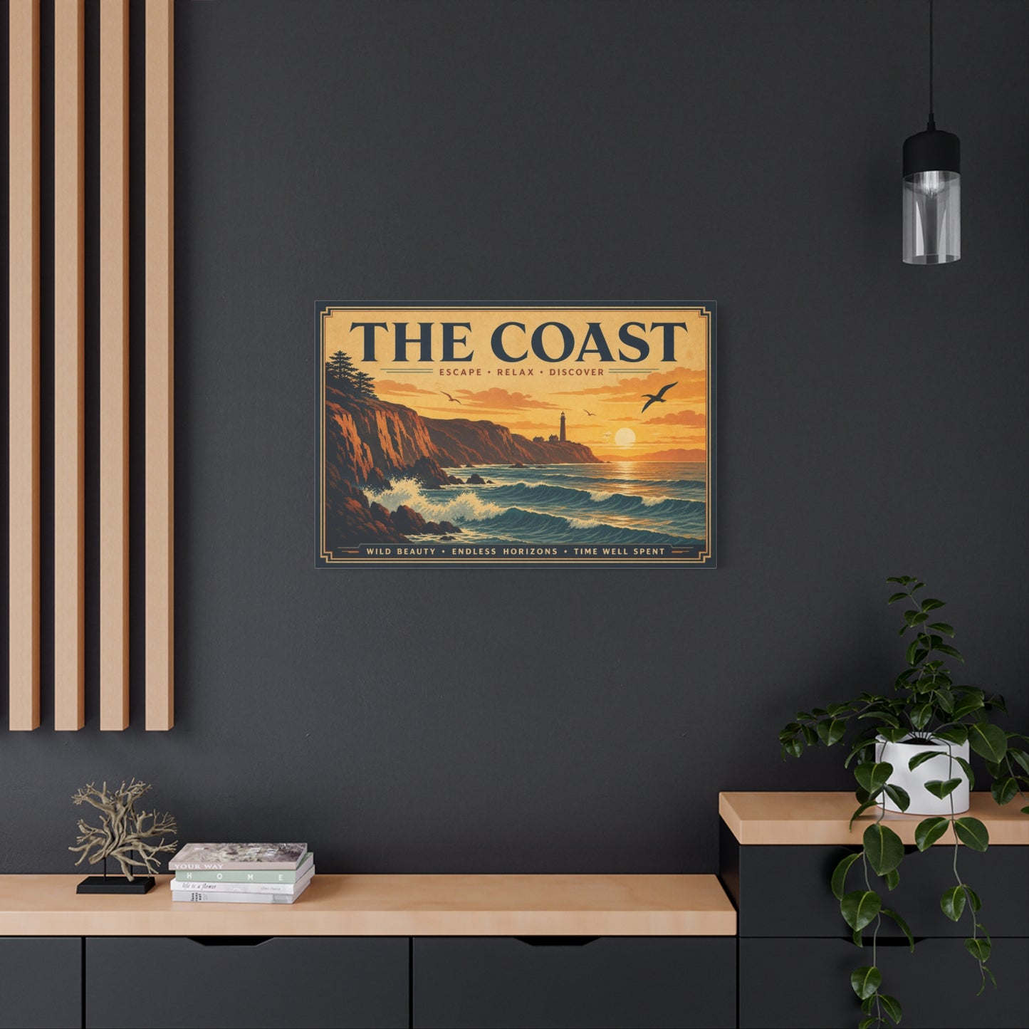 "The Coast" Coastal Canvas Wall Art - Vintage Lighthouse Sunset Ocean Waves Print - Retro Seascape Home Decor, Nautical Living Room Wall Decor - Modern Farmhouse Style - Bedroom Home Decoration