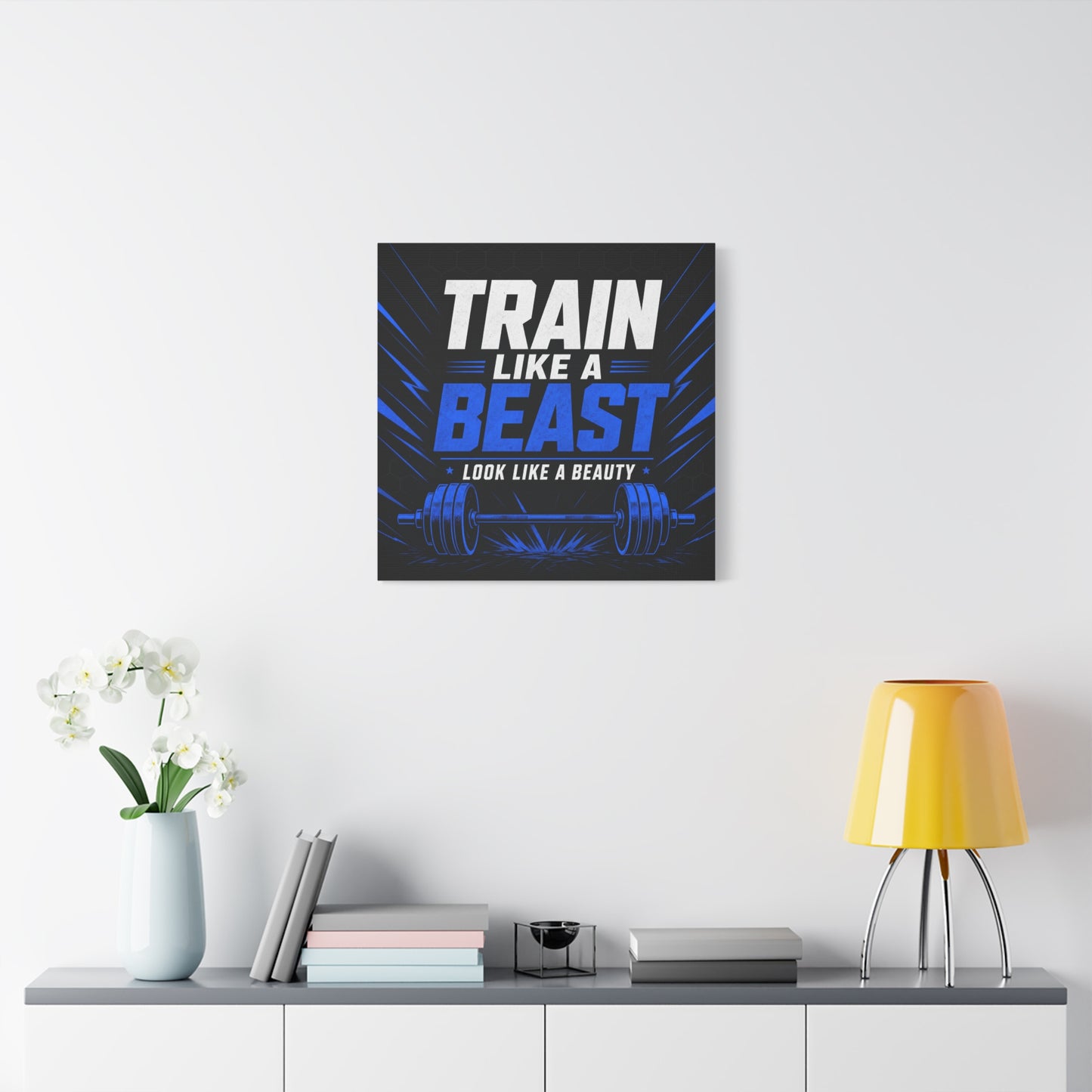 "Train Like A Beast Look Like A Beauty" Gym Canvas Wall Art - Blue Black Barbell Typography Motivational Fitness Decor - Modern Sports Quote Print - Ready to Hang - Living Room Wall Decor