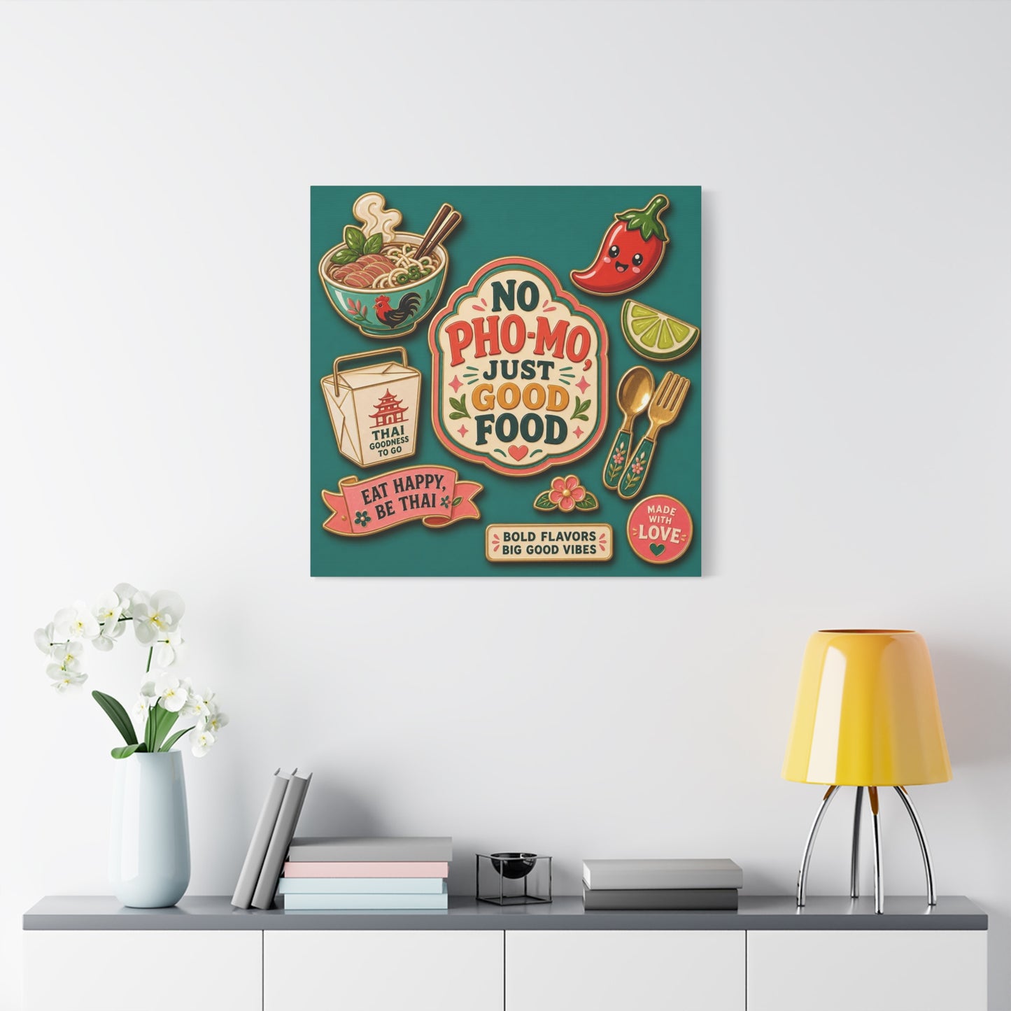 "No Pho-Mo Just Good Food" Canvas Wall Art - Thai Food Quote Kitchen Decor - Colorful Illustration Print, Retro Typography Style - Dining Room Accent, Cafe Wall Decor - Bedroom Home Decoration