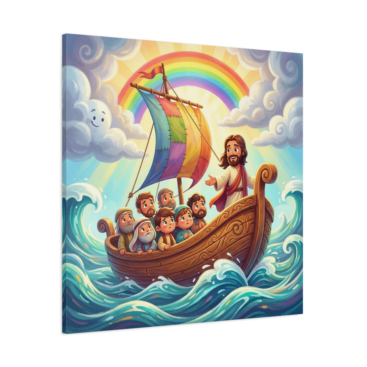 Jesus Boat Canvas Wall Art - Rainbow Sail, Disciples At Sea, Christian Nursery Decor - Matte Cotton Print - Whimsical Religious Style For Kids Bedroom Playroom Home Decoration - Living Room Wall Decor
