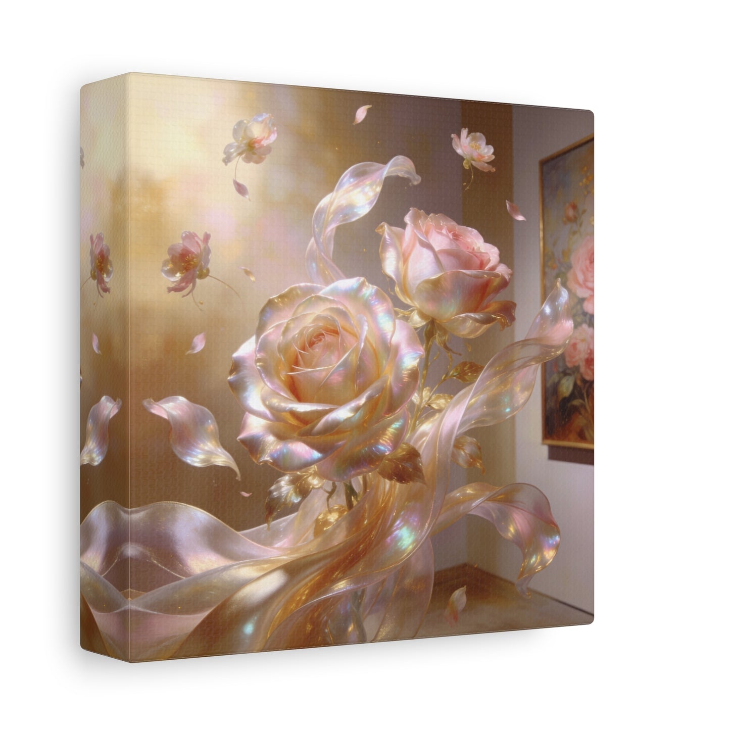 Iridescent Pink Rose Canvas Wall Art - Pearlescent Floral Wall Decor, Dreamy Botanical Home Decoration - Luminous Matte Canvas Print - Romantic Contemporary Style, Bedroom Accent - Ready to Hang