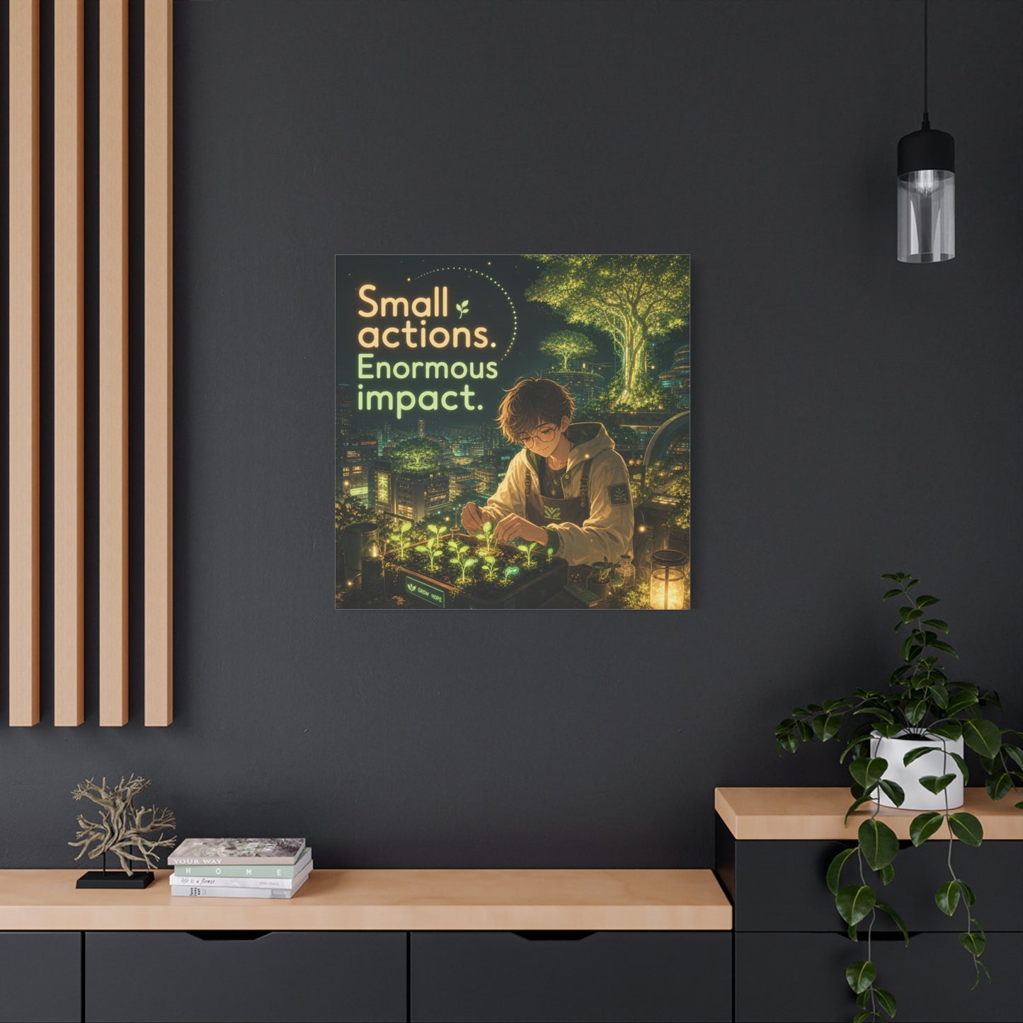 "Small Actions. Enormous Impact." Inspirational Canvas Wall Art - Anime Boy Gardening Cityscape - Glowing Green Night Illustration - Bedroom Home Decoration, Home Office Decor - Living Room Wall Decor