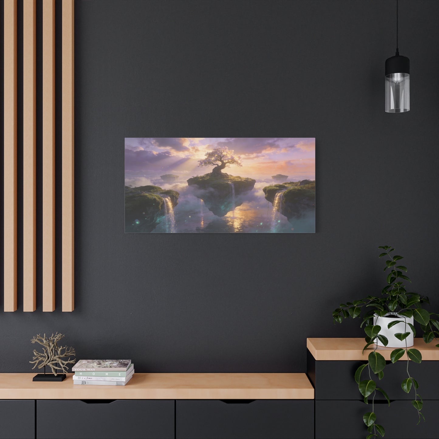 Fantasy Tree Of Life Canvas Wall Art - Floating Islands, Waterfall Dreamscape - Ethereal Cotton Print - Contemporary Zen Style - Living Room Wall Decor, Bedroom Home Decoration - Cozy Reading Nook Art