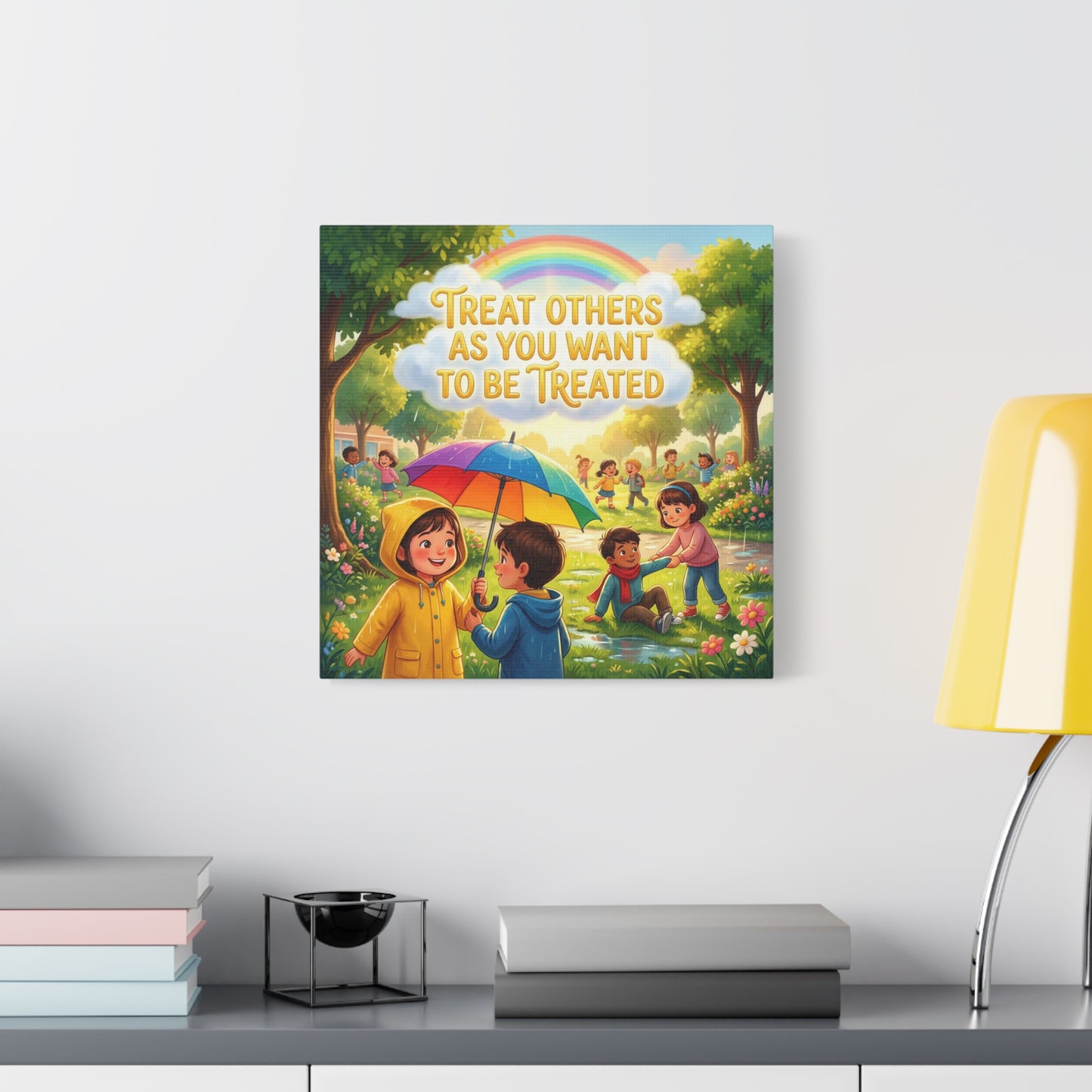 "Treat Others As You Want To Be Treated" Kids Canvas Wall Art - Rainbow Umbrella Kindness Quote Print - Colorful Classroom Decor - Nursery Playroom Bedroom Home Decoration - Bohemian Wall Hanging
