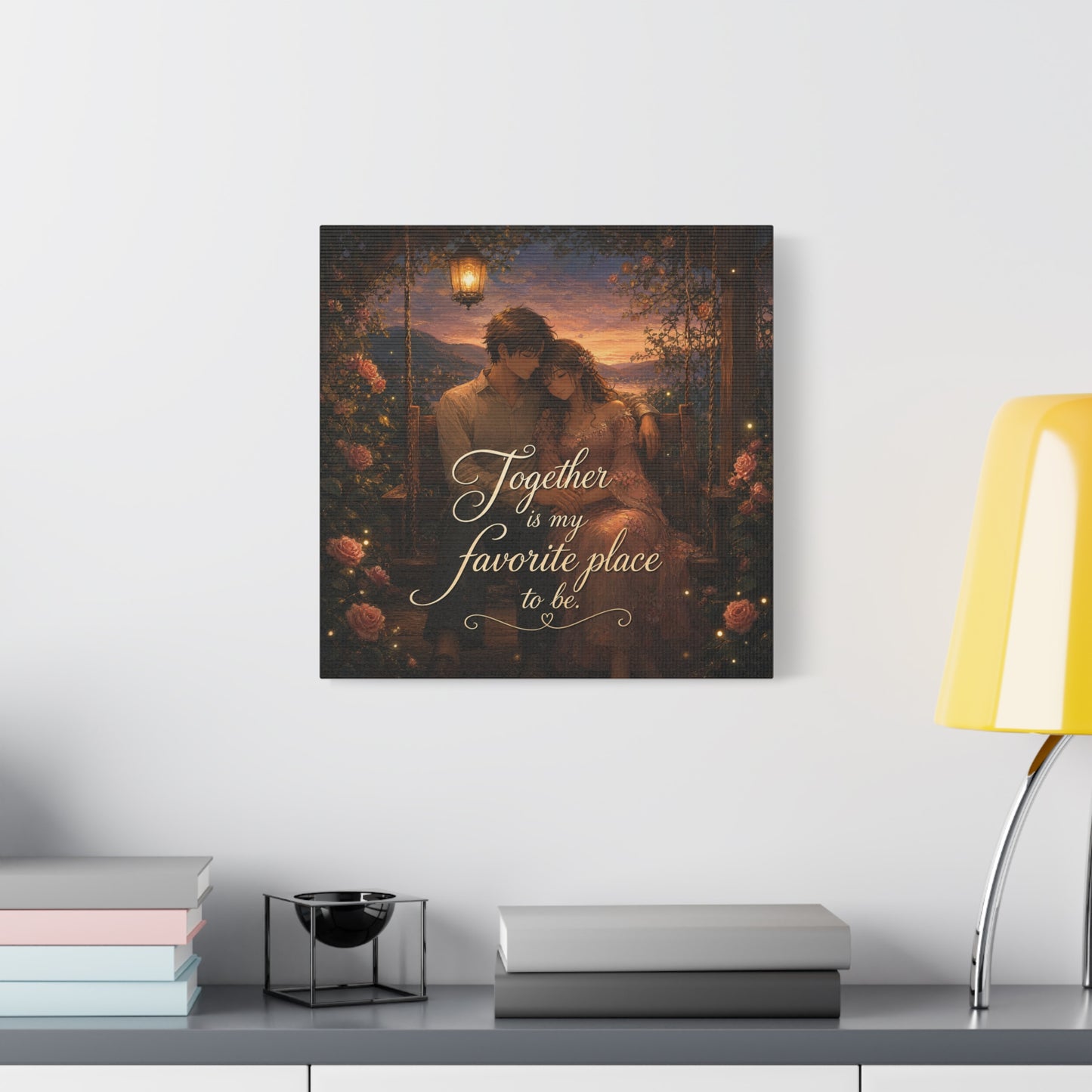 "Together Is My Favorite Place To Be" Romantic Couple Canvas Wall Art - Lantern Swing Sunset Lake Scene, Floral Garden Love Quote Print - Vintage Bedroom Decor - Office Wall Art - Ready to Hang